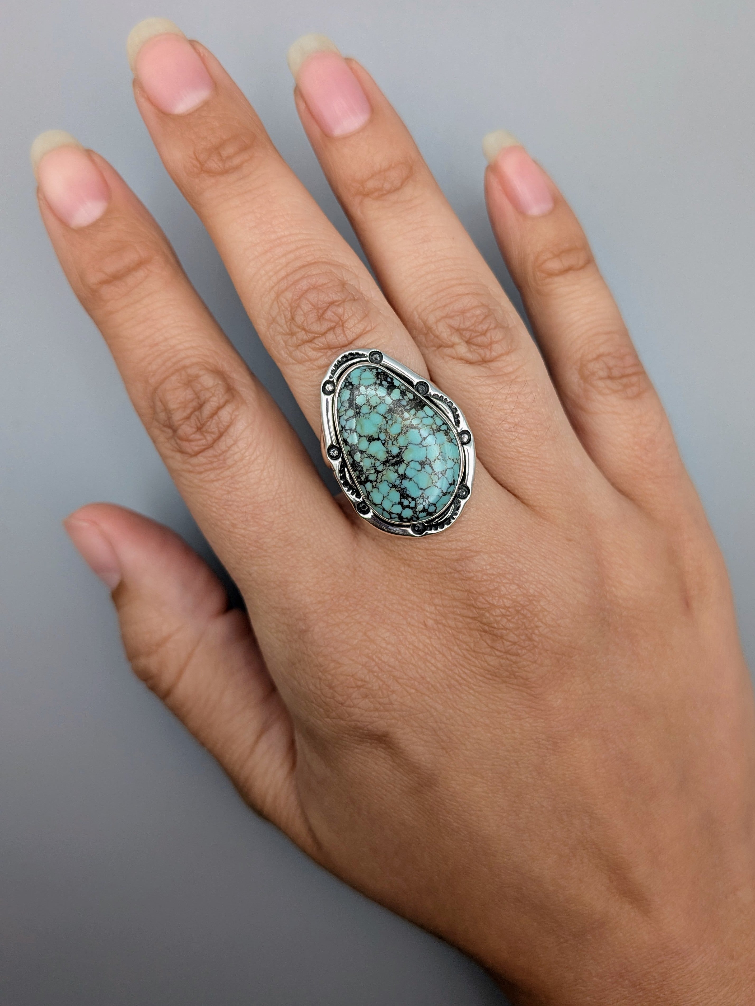 •CHINESE TURQUOISE - SHÁ• Navajo silver ring (size 8.5)