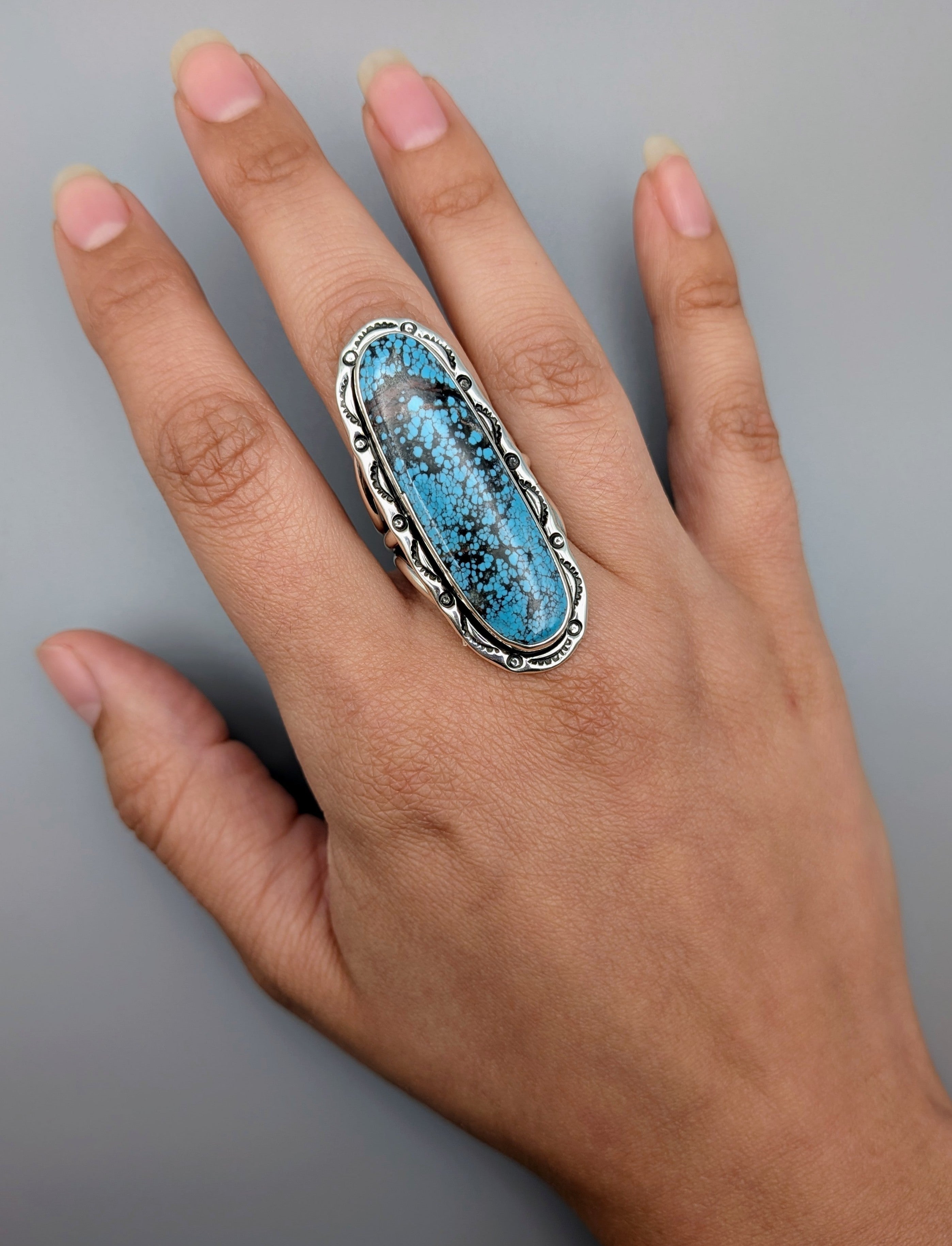 •BLACKJACK TURQUOISE - SHÁ• Navajo silver ring (size 9.25)