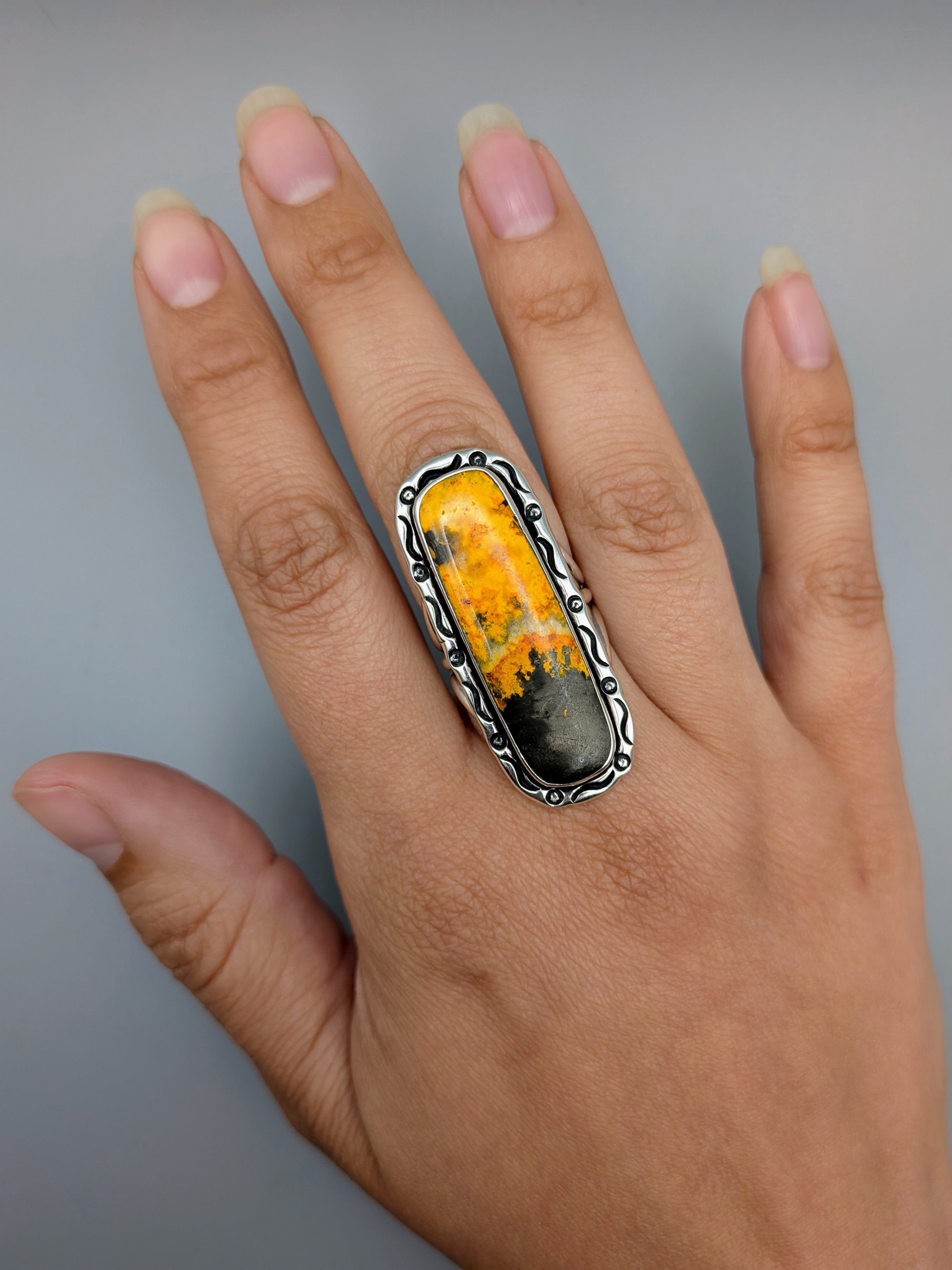 •BUMBLEBEE JASPER - SMUDGE• Navajo silver ring (size 7.75)