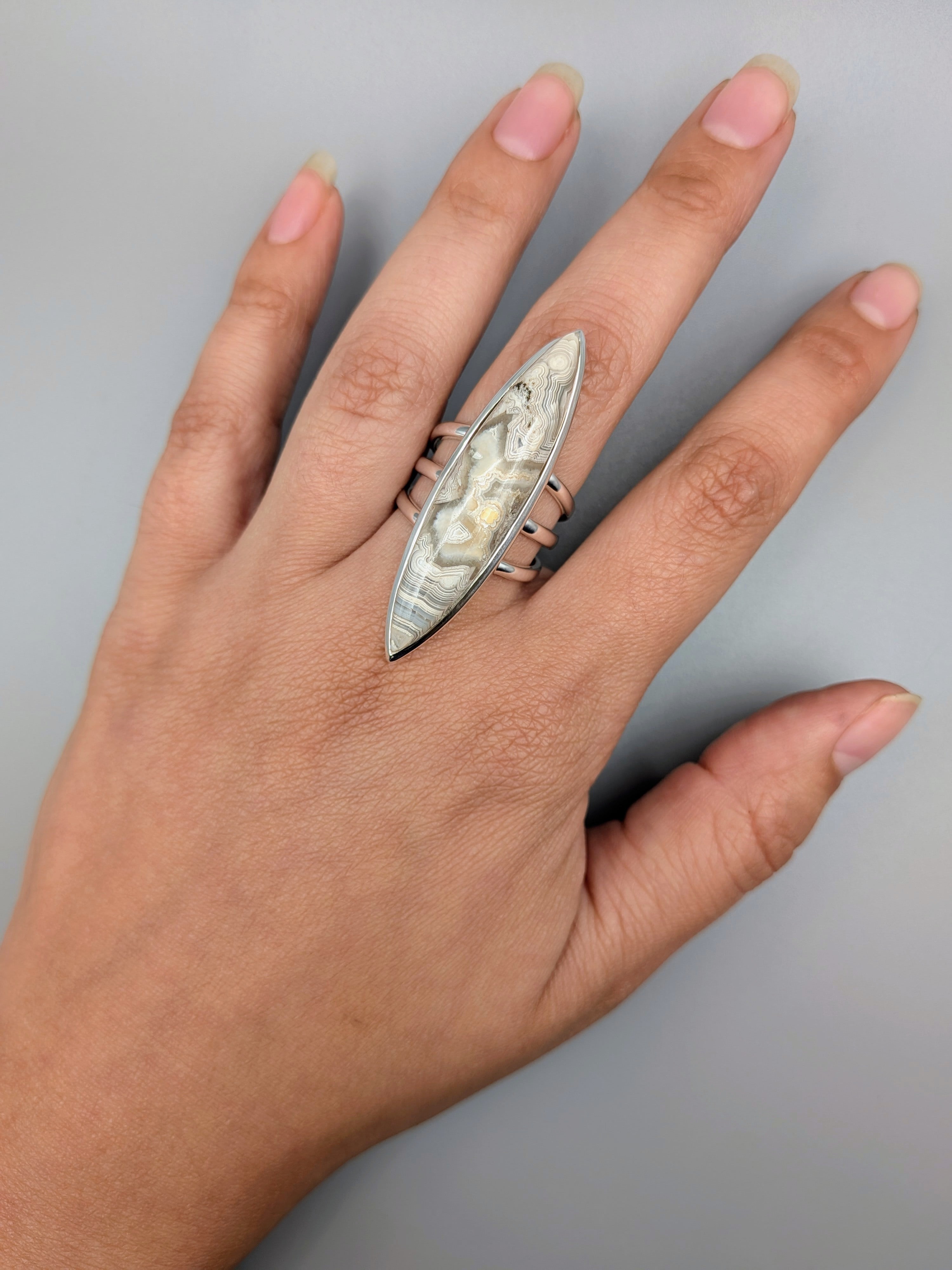 •LACE AGATE - DEEP MARQUISE• split band silver ring (size 9.75)