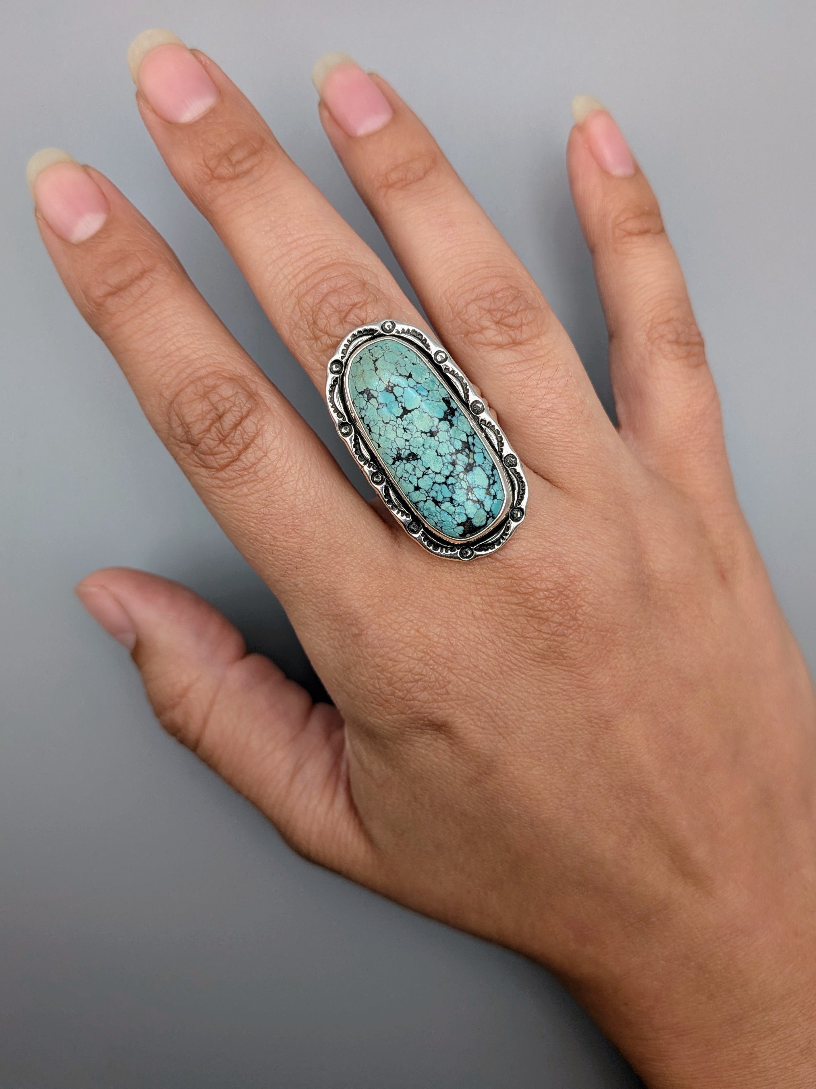 •CHINESE TURQUOISE - SHÁ• Navajo silver ring (size 9.5)