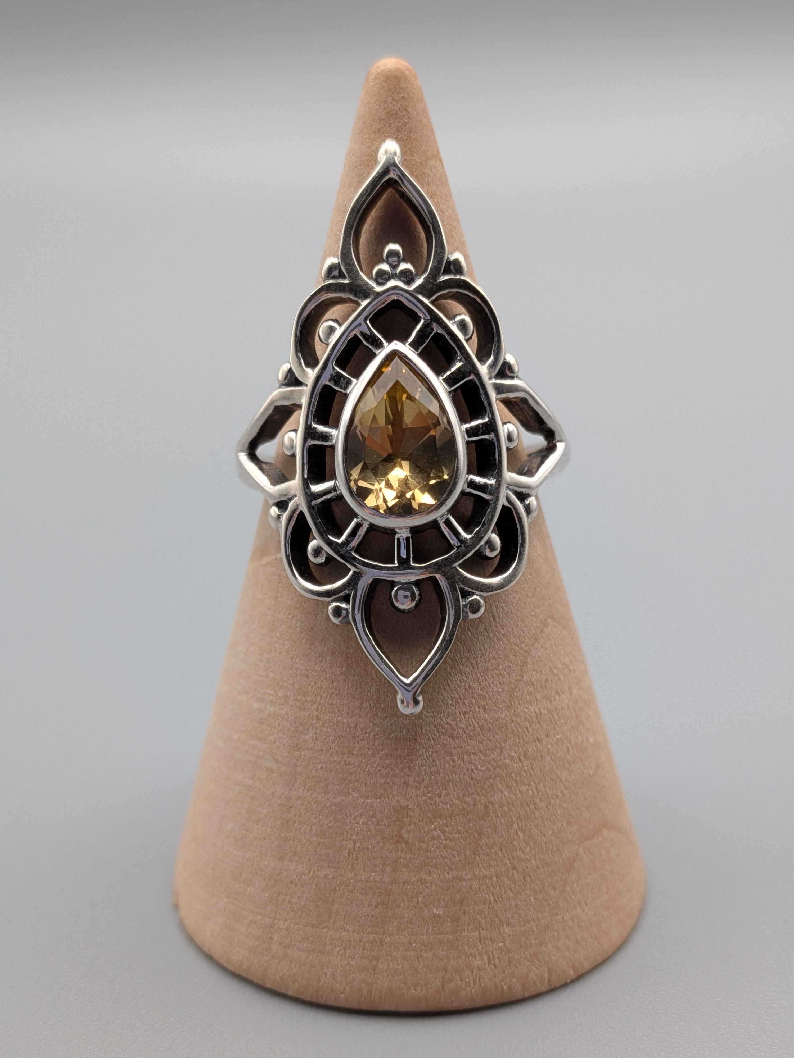 •CITRINE - LONG LOTUS• decorative bezel silver ring (various sizes)