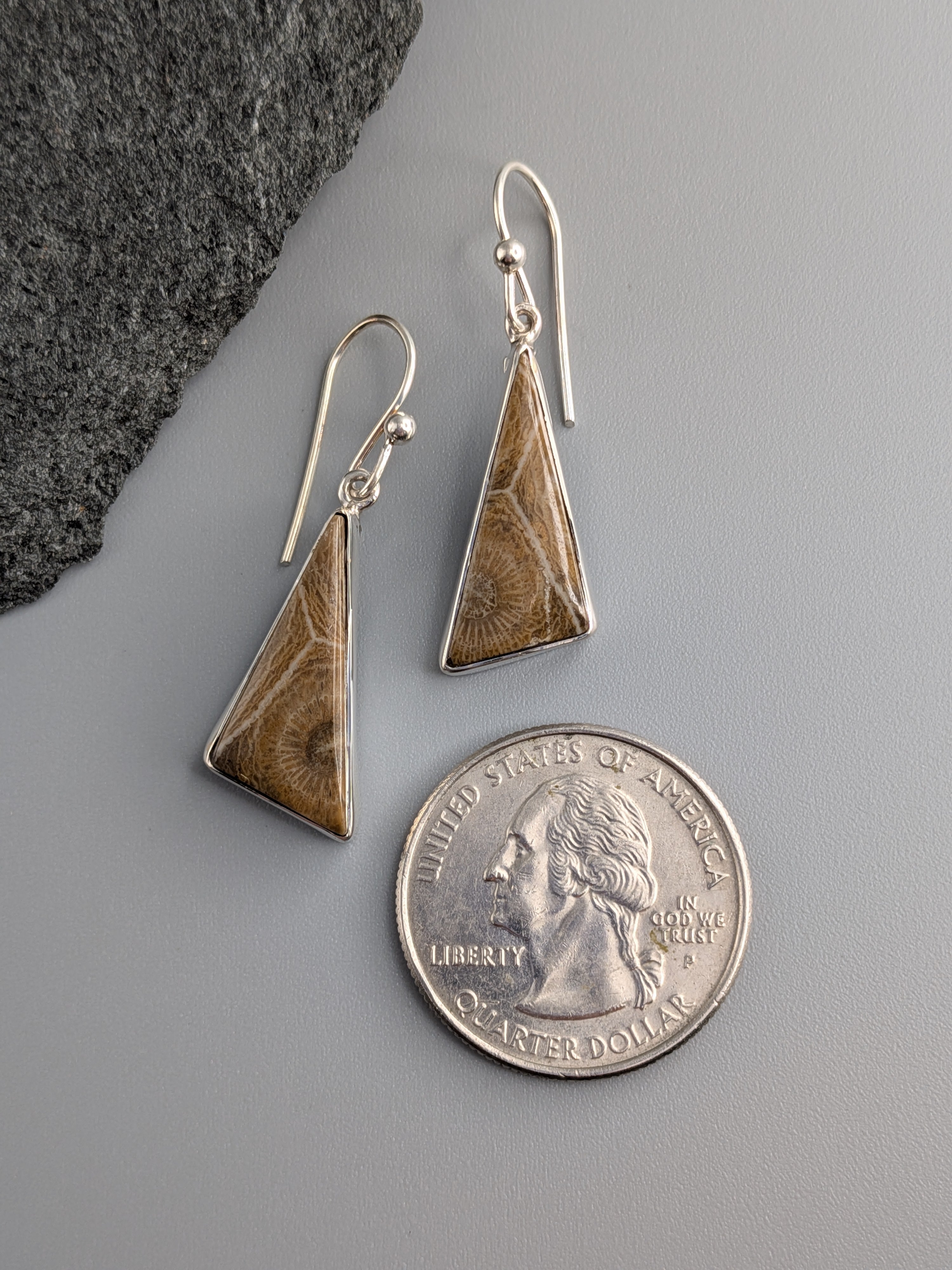 •FOSSILIZED CORAL - SMALL TRIANGLE• silver dangle earrings