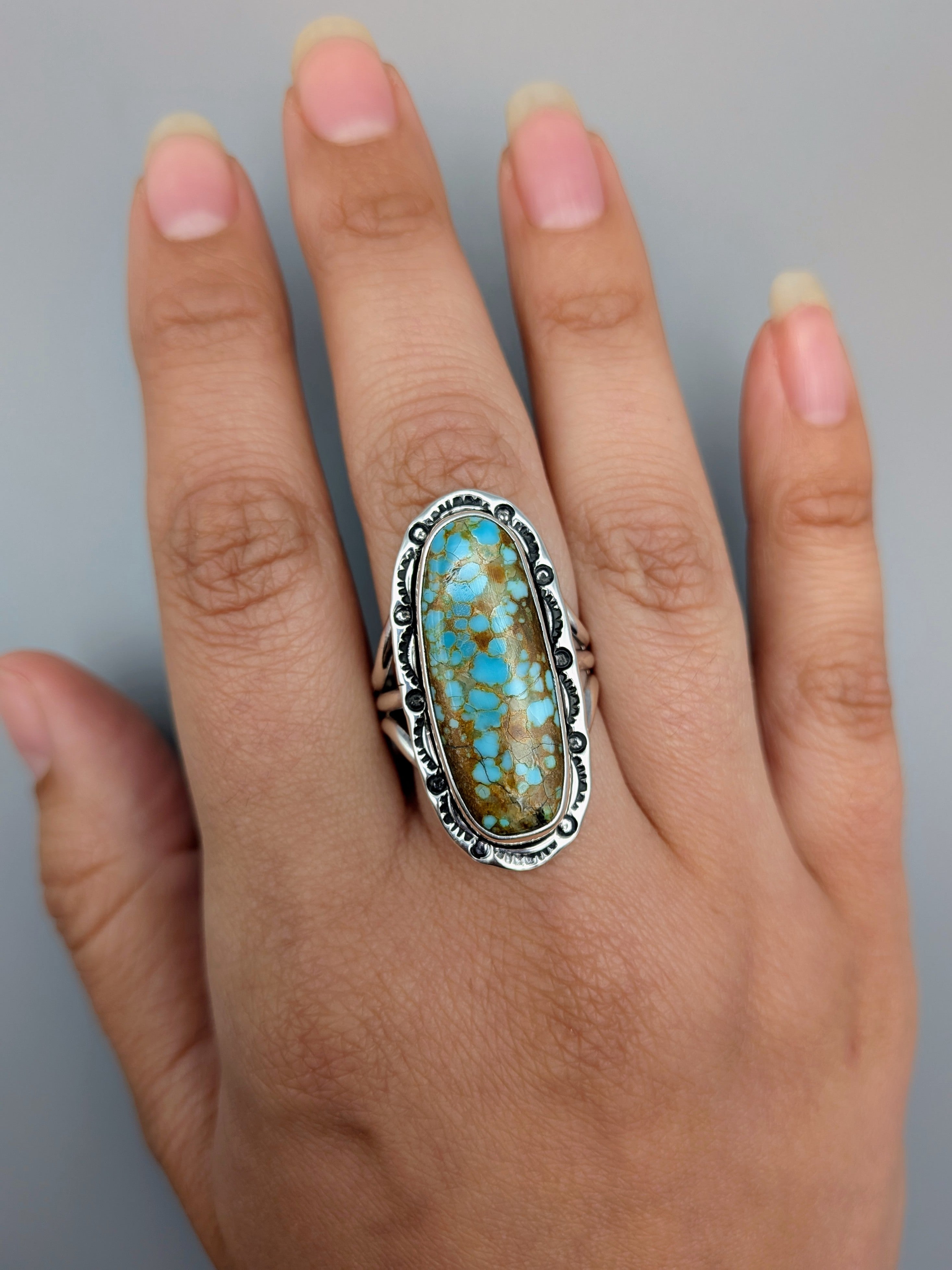 •#8 TURQUOISE - SHÁ• Navajo silver ring (size 10)