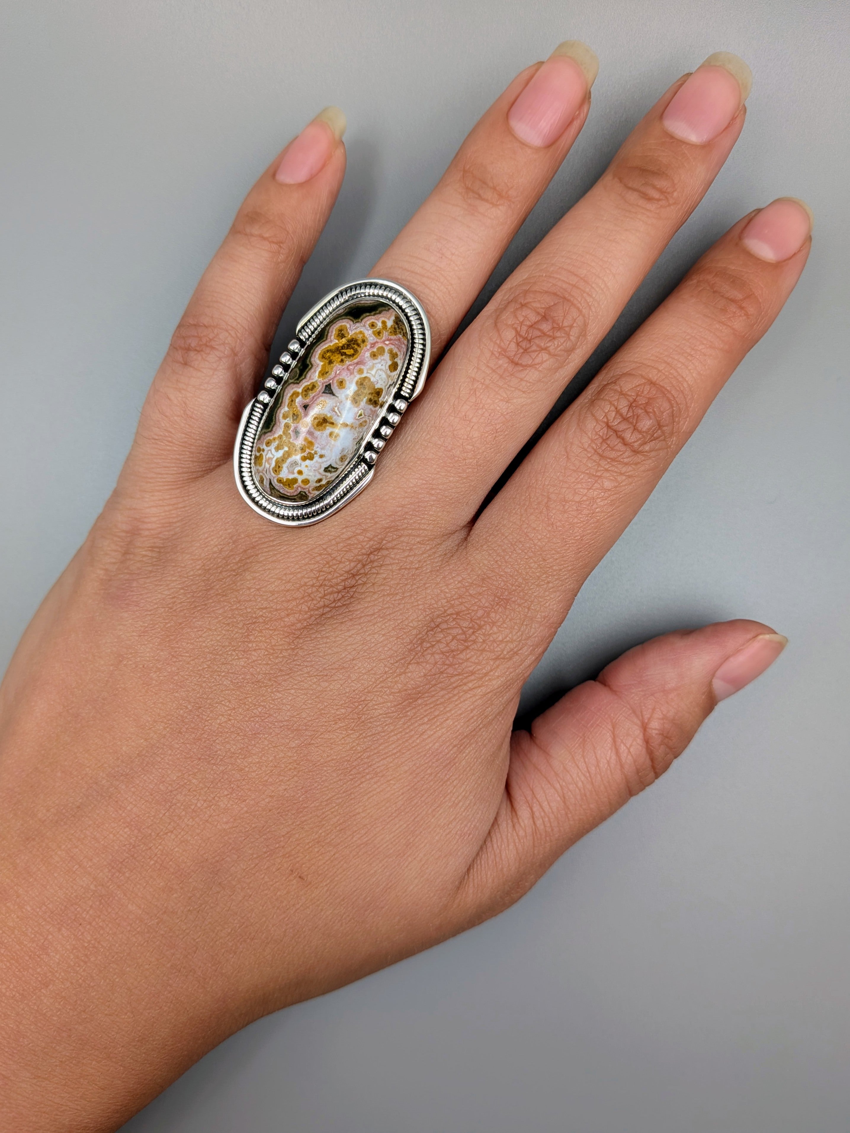 •OCEAN JASPER - INTERSTELLAR• split band silver ring (size 6)