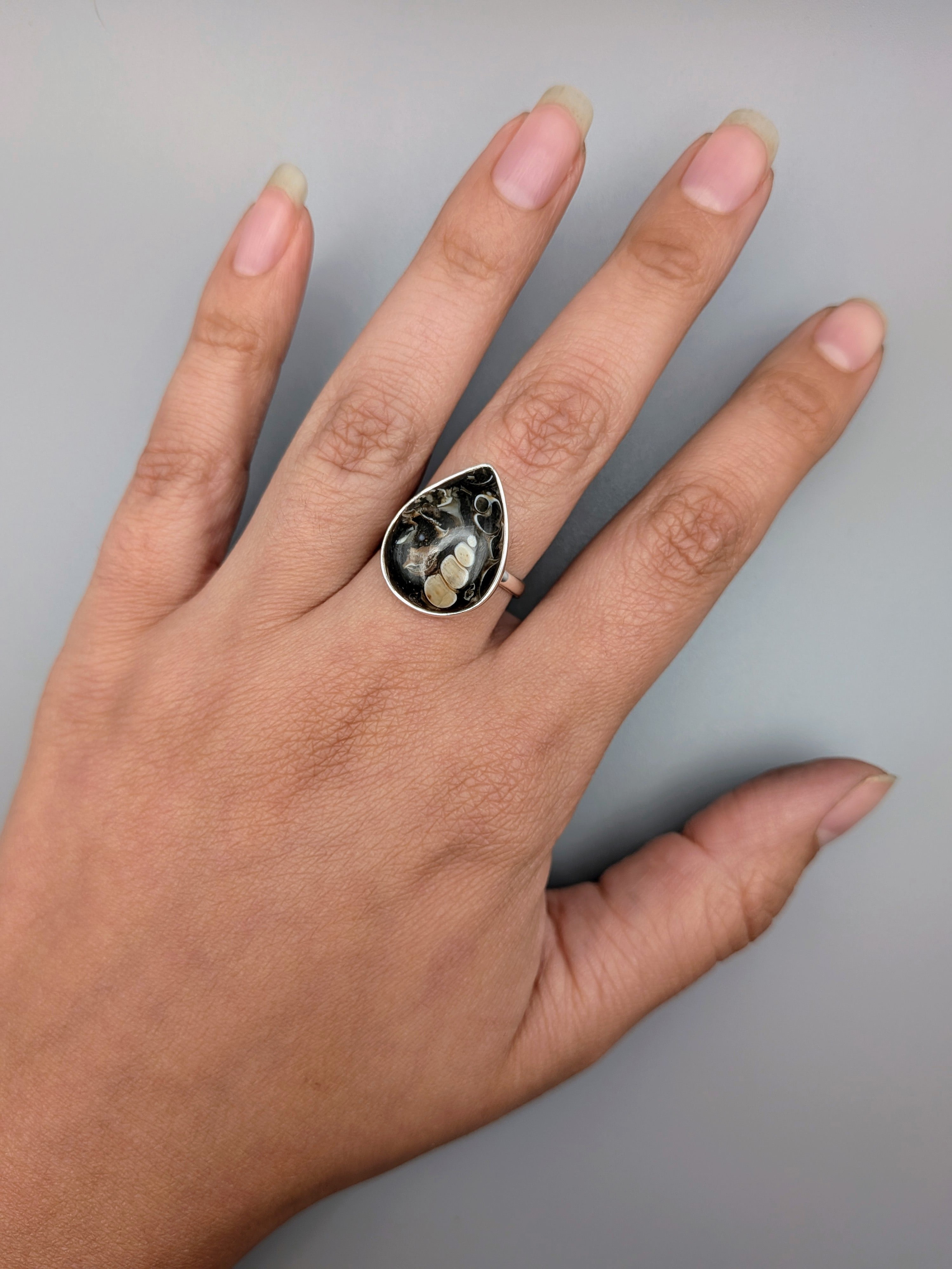 •TURRITELLA FOSSIL - TEAR• simple bezel silver ring (size 8)