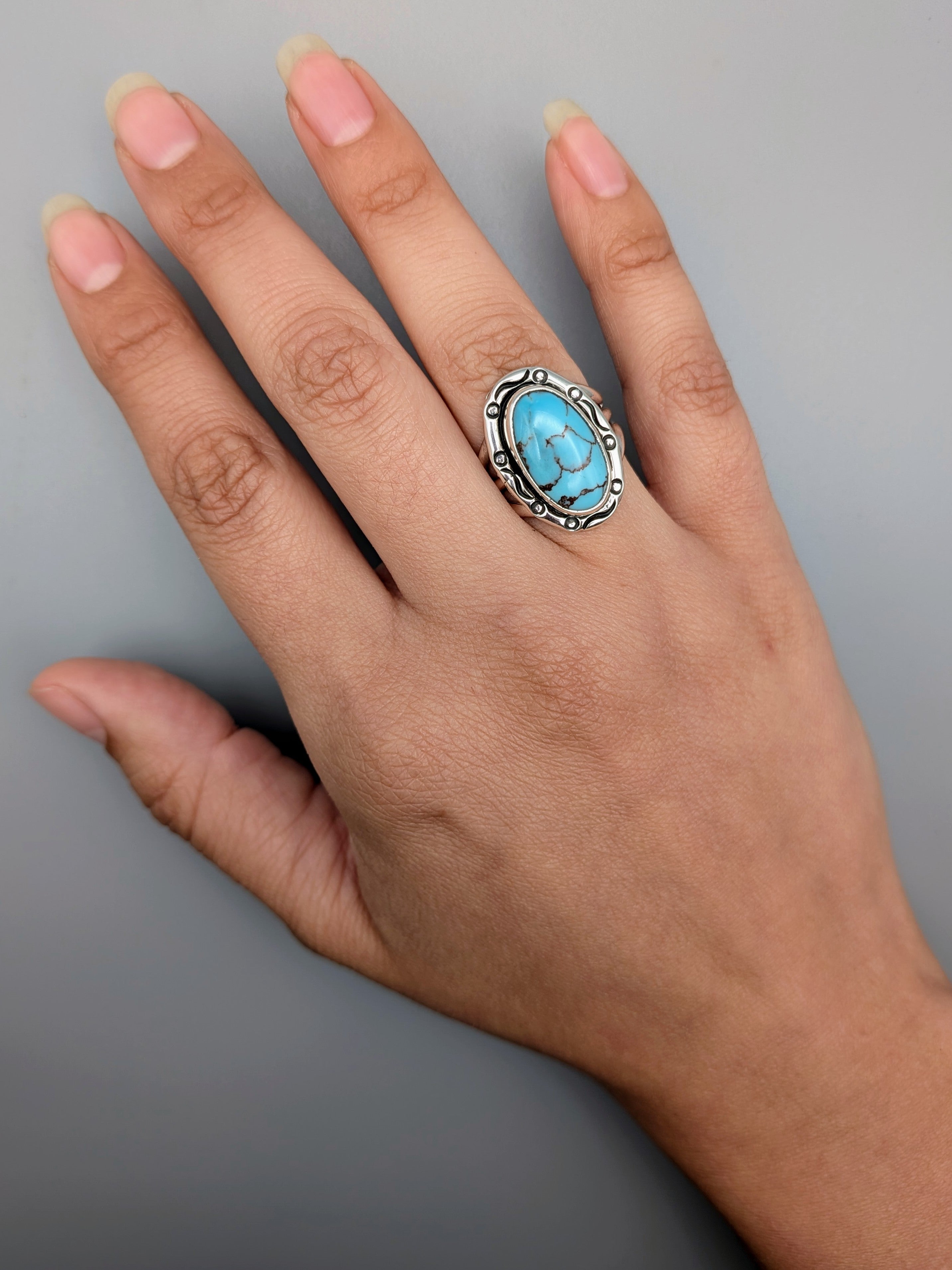 •EGYPTIAN TURQUOISE - SMUDGE• Navajo silver ring (size 7.75)