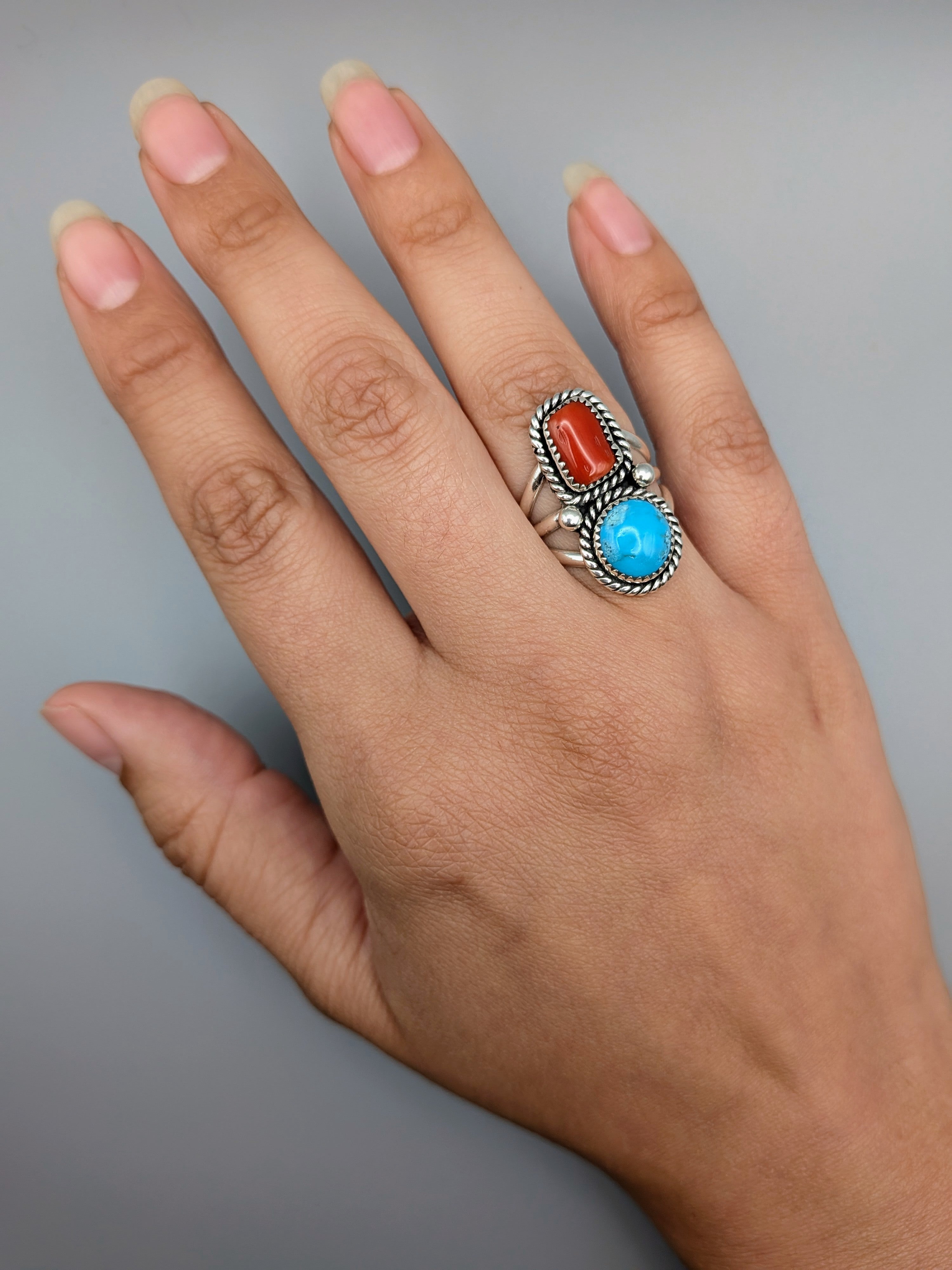 •KINGMAN TURQUOISE & CORAL - NAAKI• Navajo silver ring (size 7.25)