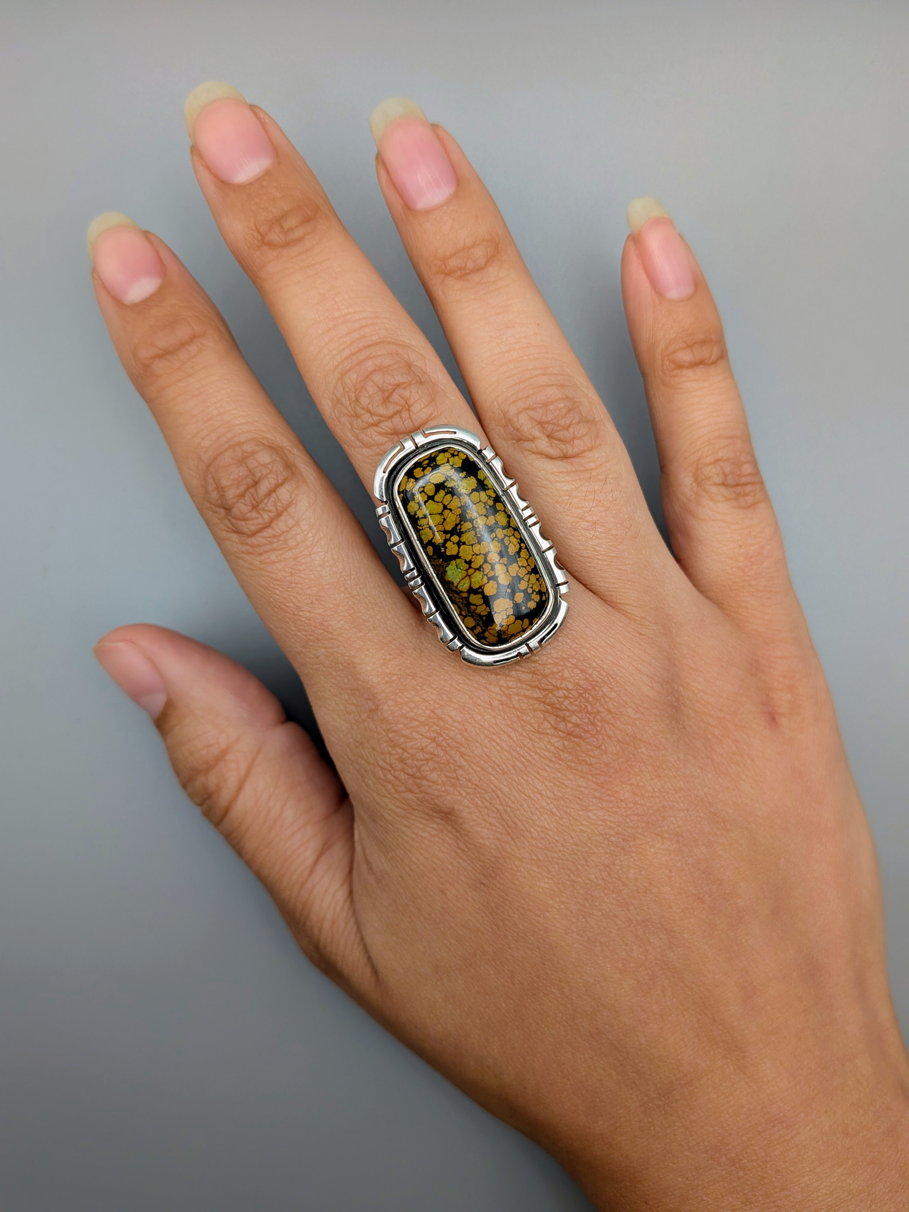 •BLACKJACK TURQUOISE - STORM• Navajo adjustable silver ring