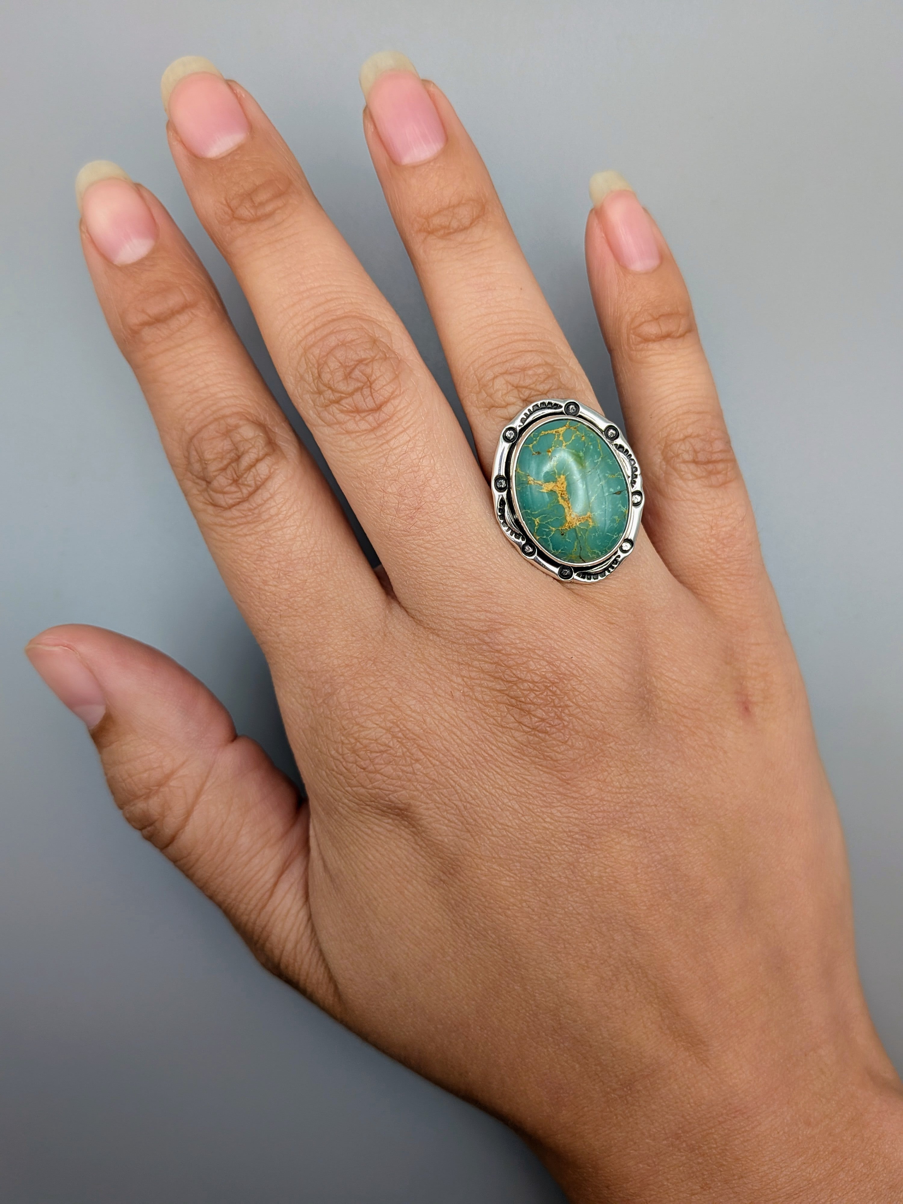 •KINGMAN TURQUOISE - SHÁ• Navajo silver ring (size 7.5)