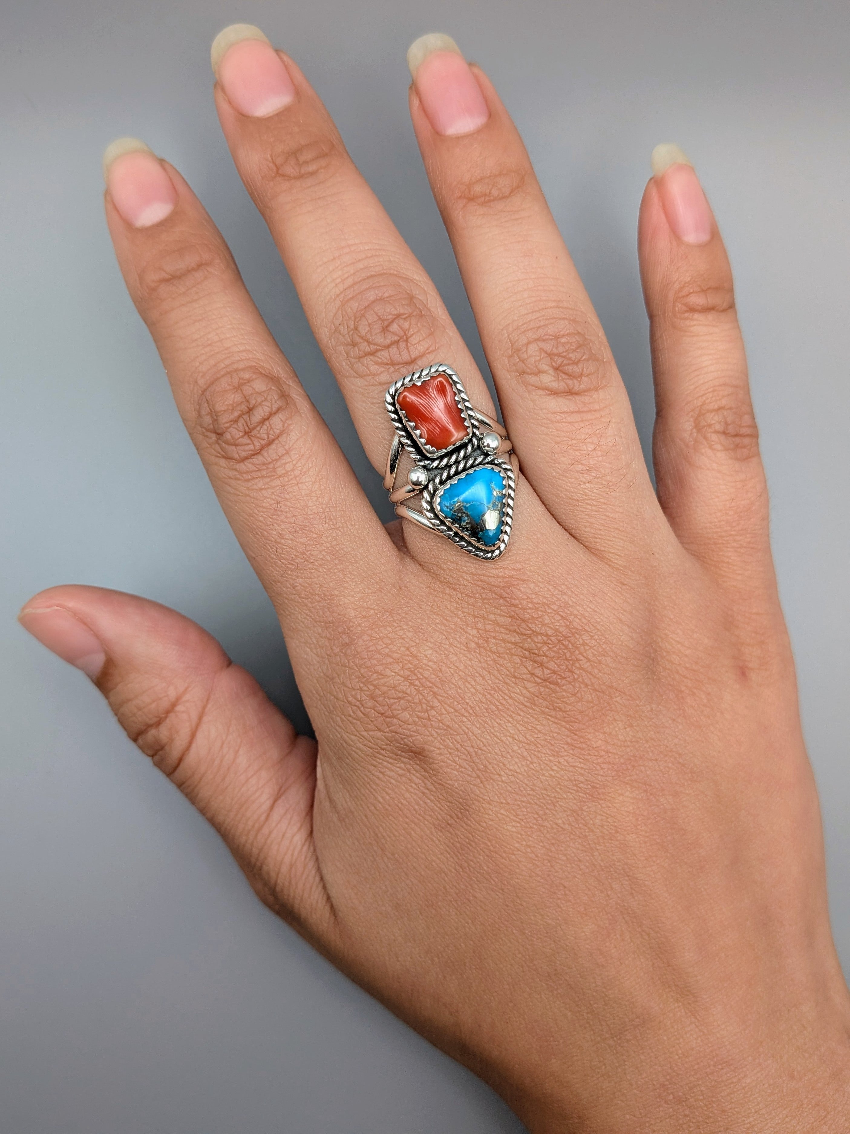 •PYRITIZED TURQUOISE & CORAL - NAAKI• Navajo silver ring (size 7.75)