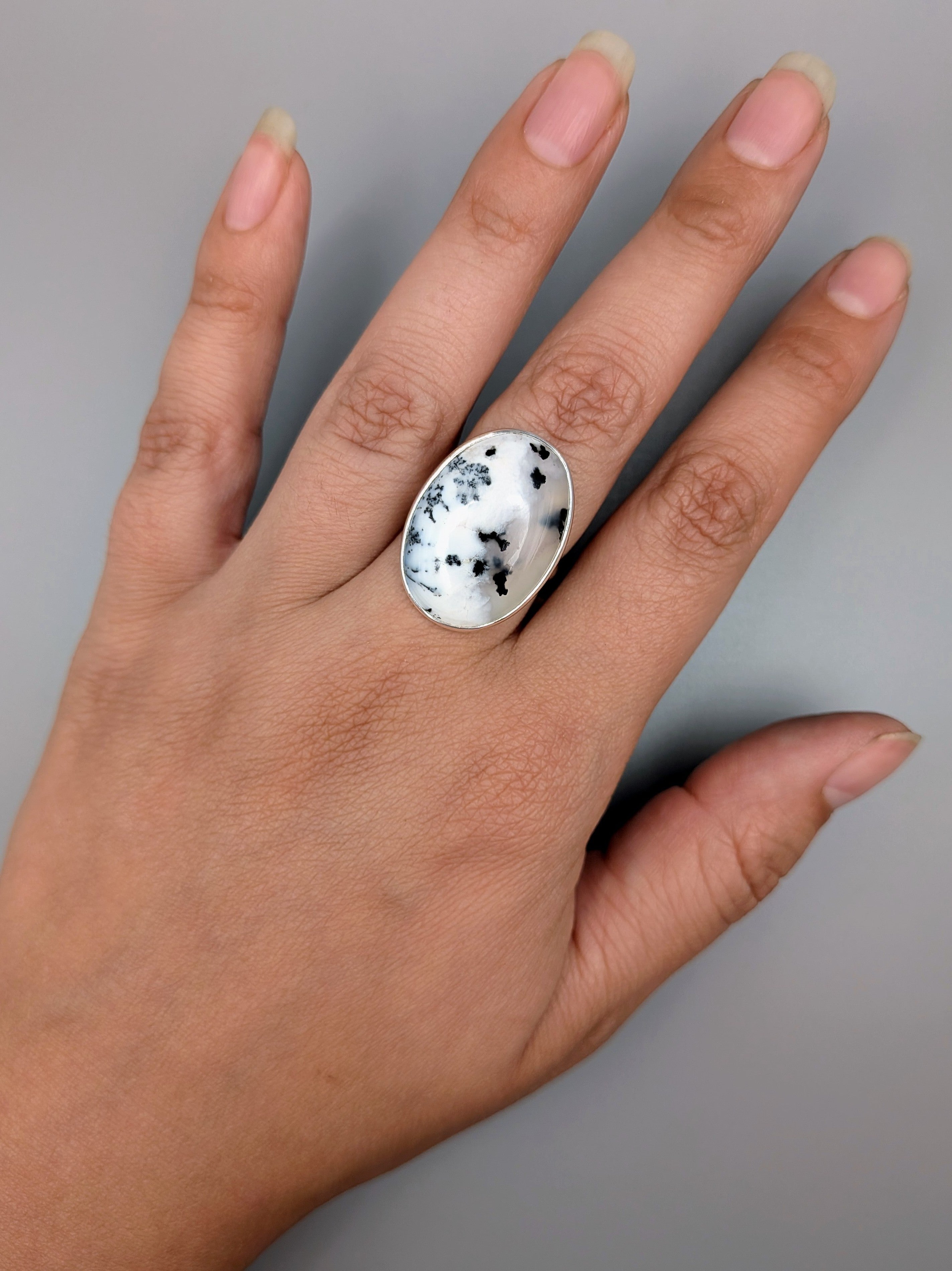 •DENDRITIC OPAL - OVAL• simple bezel silver ring (size 7.75)