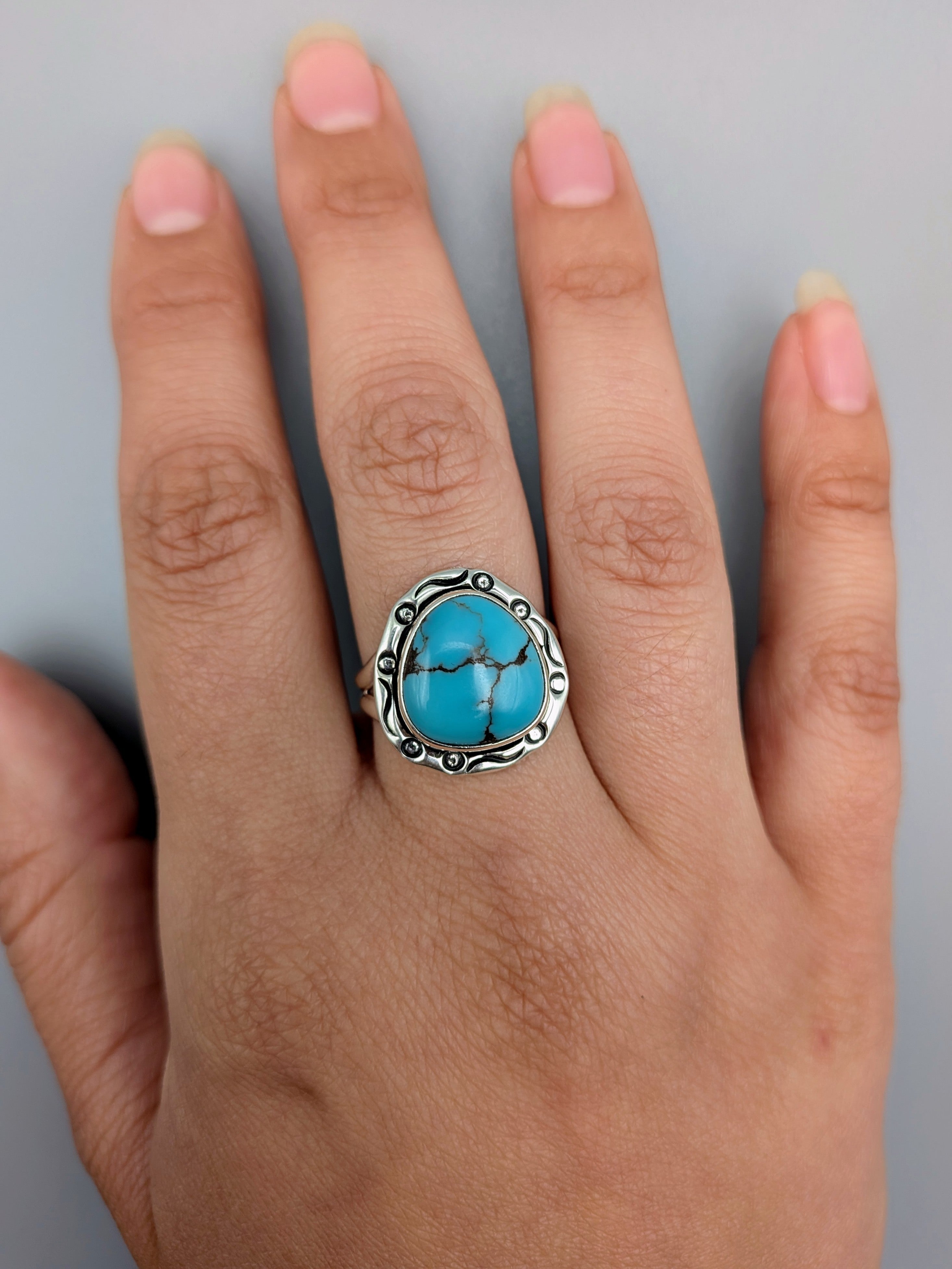 •EGYPTIAN TURQUOISE - SMUDGE• Navajo silver ring (size 8.5)