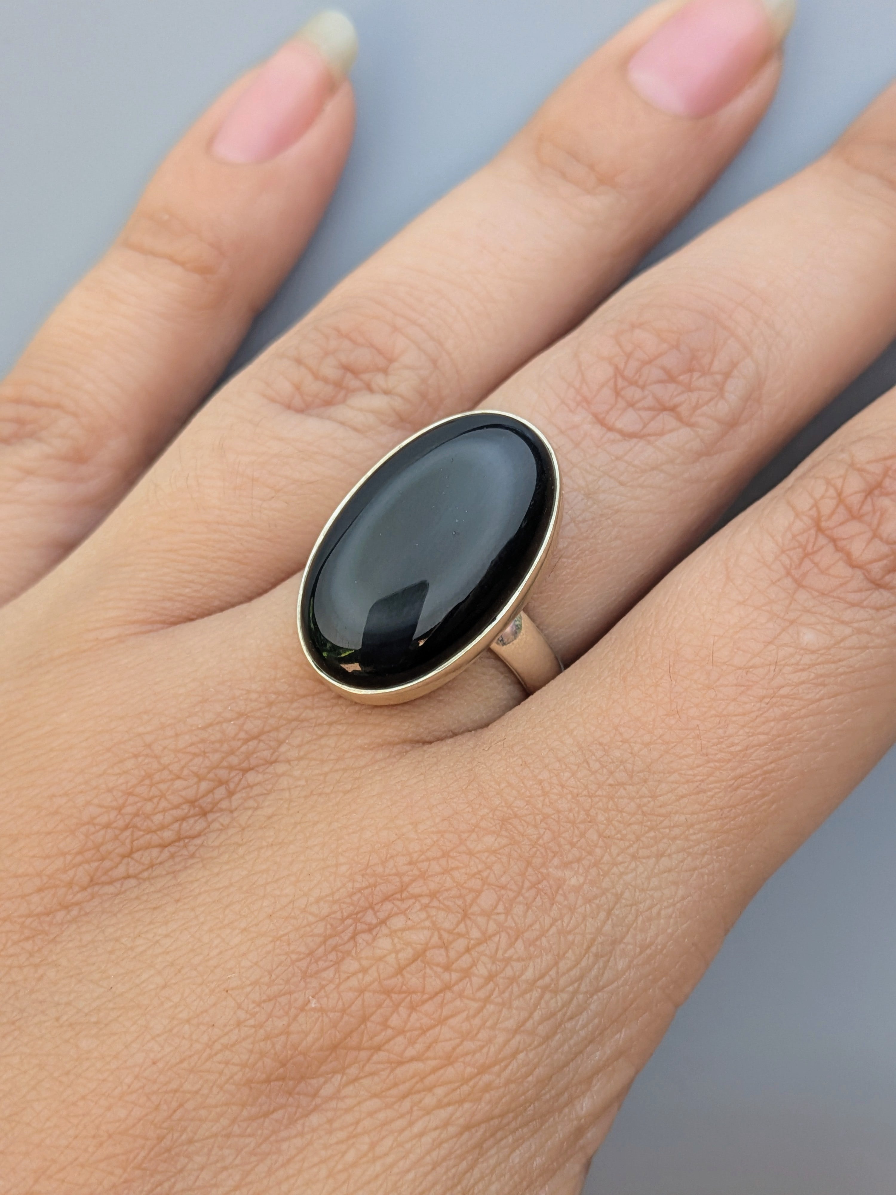 •RAINBOW OBSIDIAN - OVAL• simple bezel silver ring (size 8)