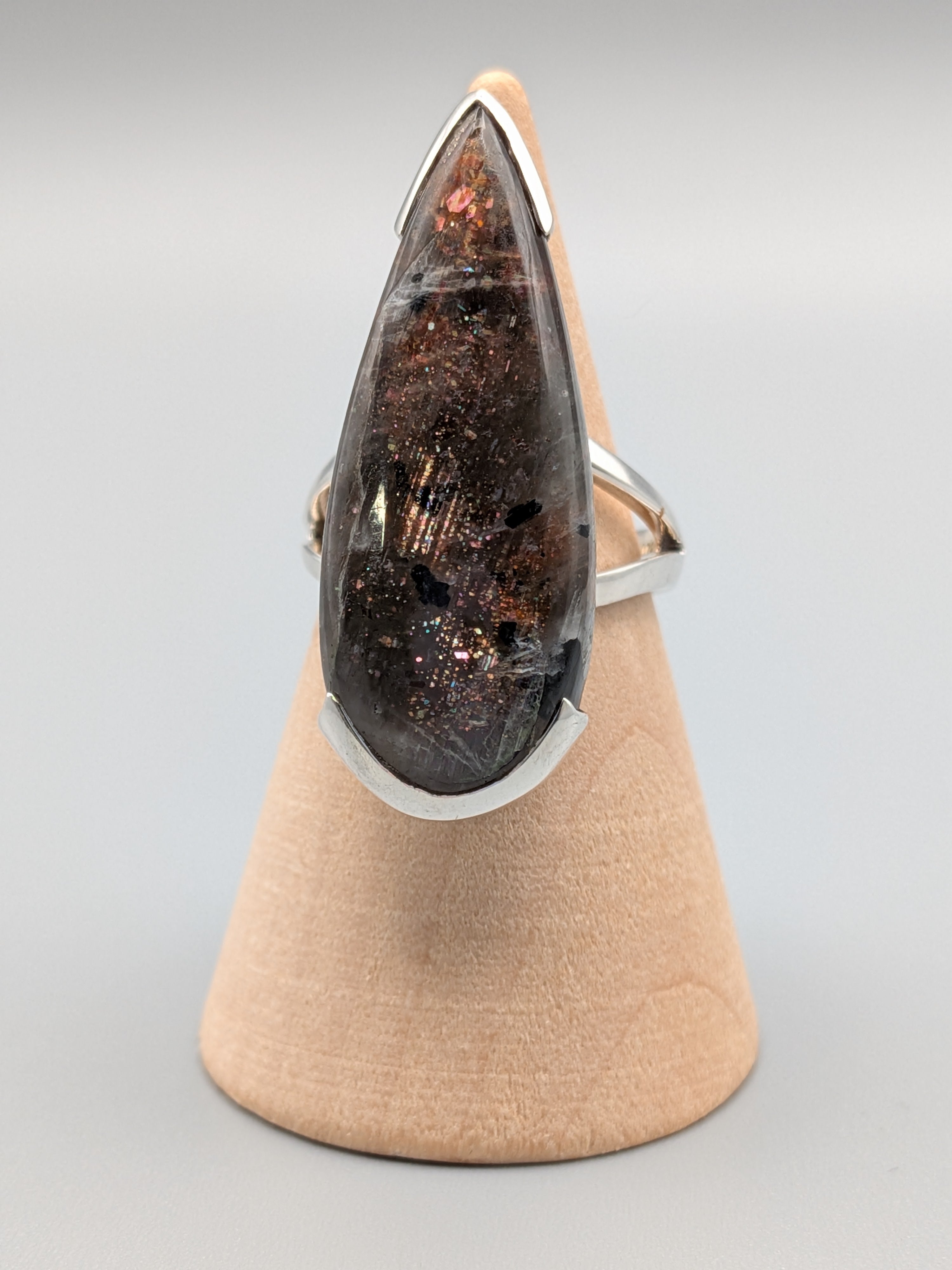 •BLACK SUNSTONE - TEARDROP• bezel capped silver ring (size 6.75)