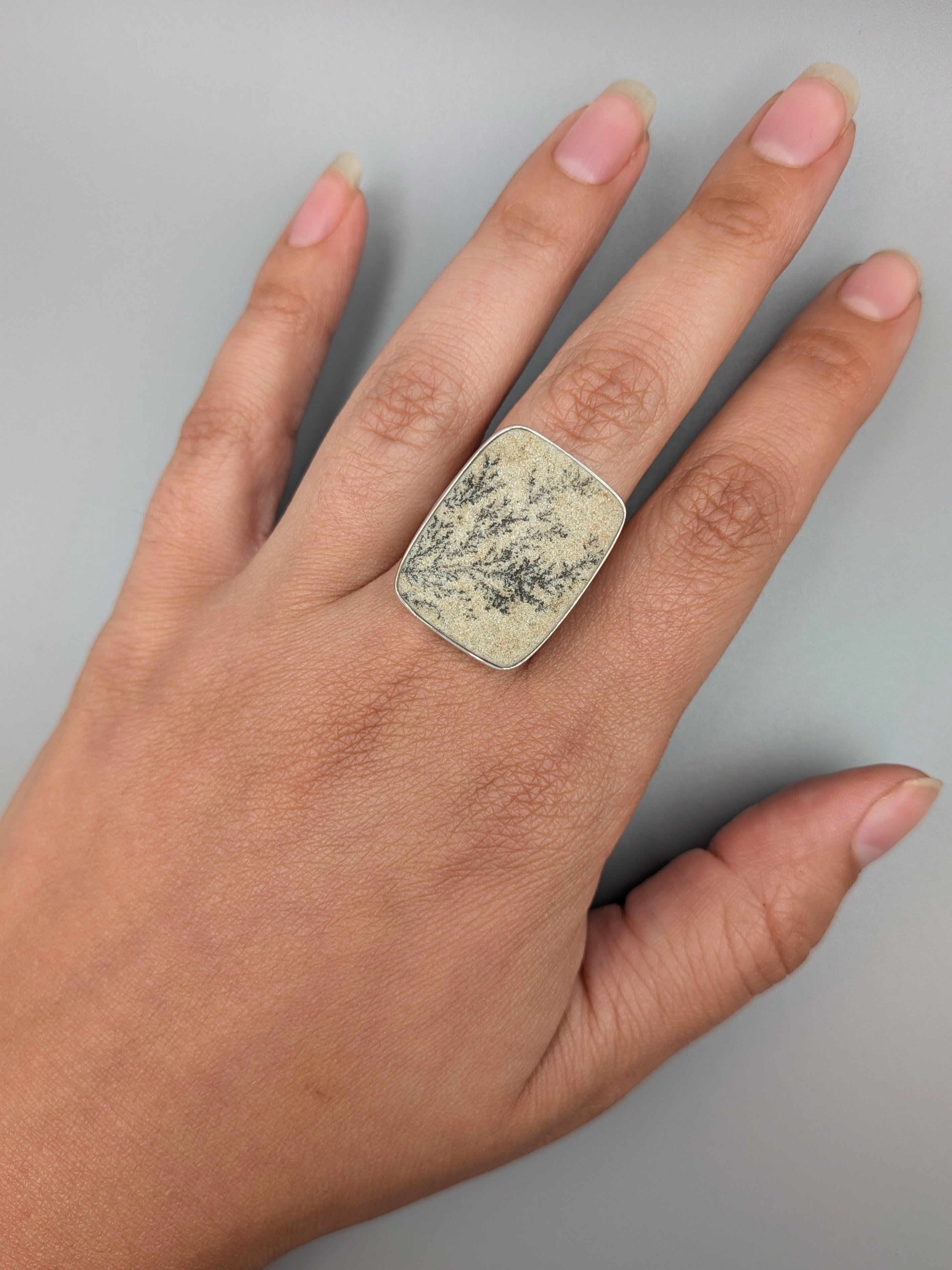 •DENDRITIC SANDSTONE - SOFT RECTANGLE• split band silver ring (size 8)