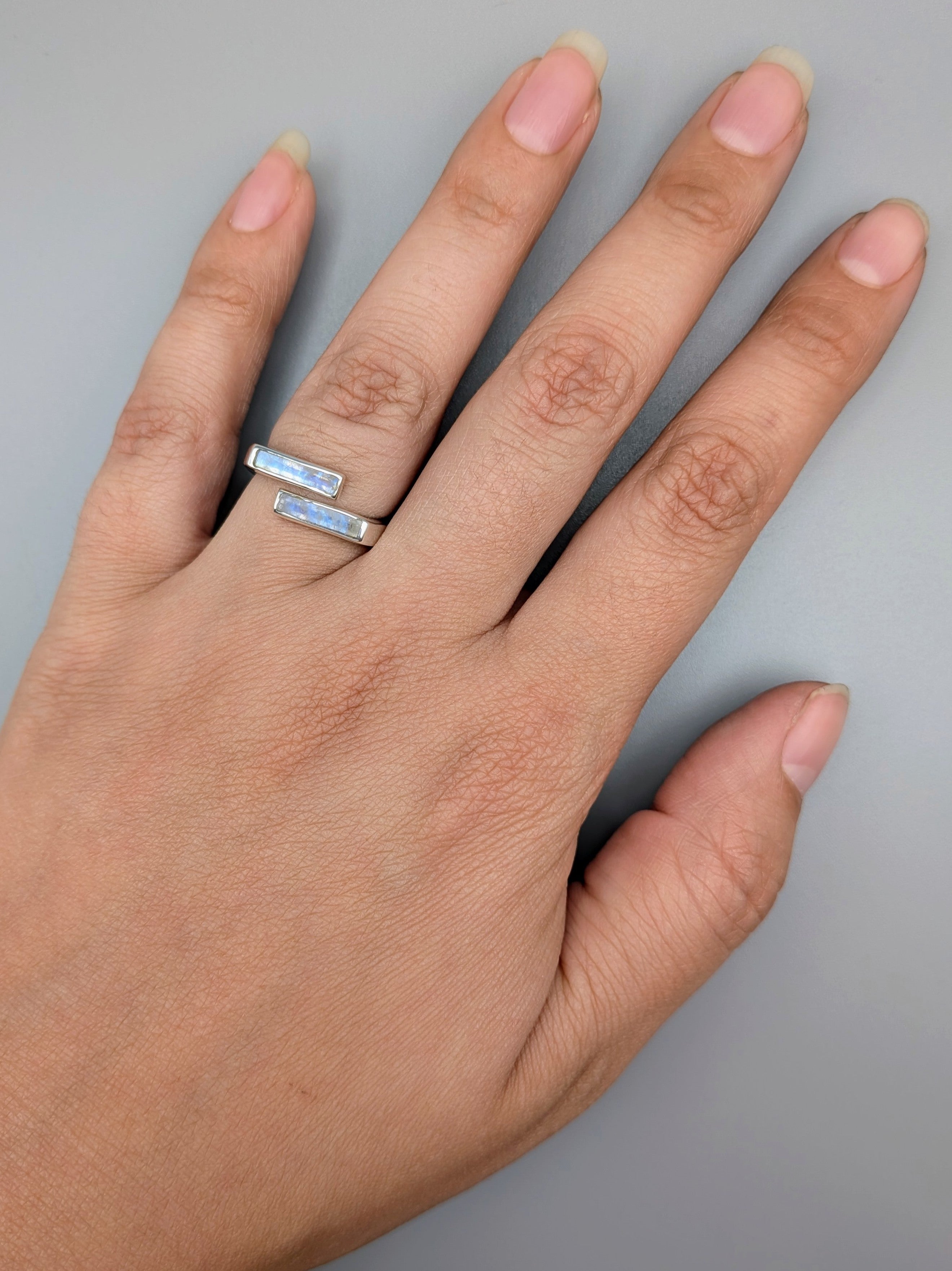 •RAINBOW MOONSTONE - LIL' BARS• adjustable silver ring