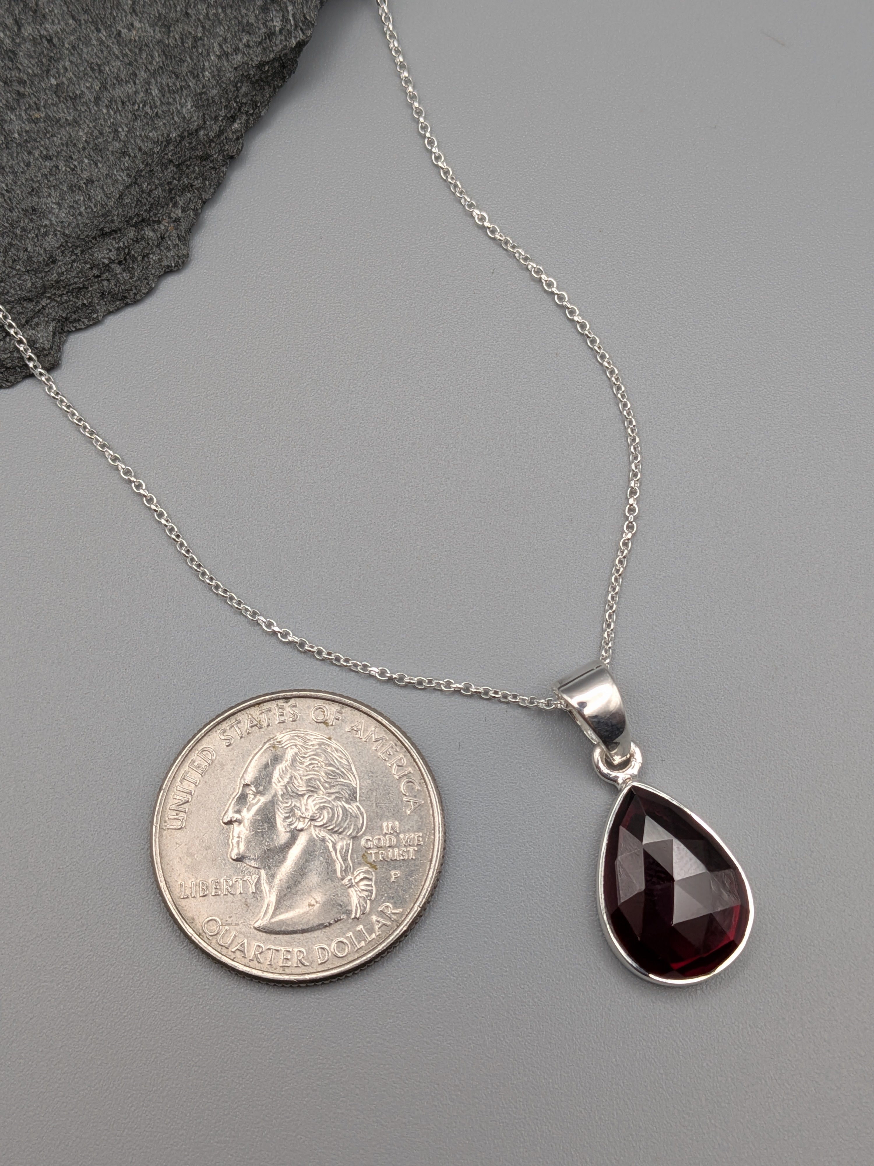 •GARNET - FACETED TEAR - 1• silver necklace (18" long)