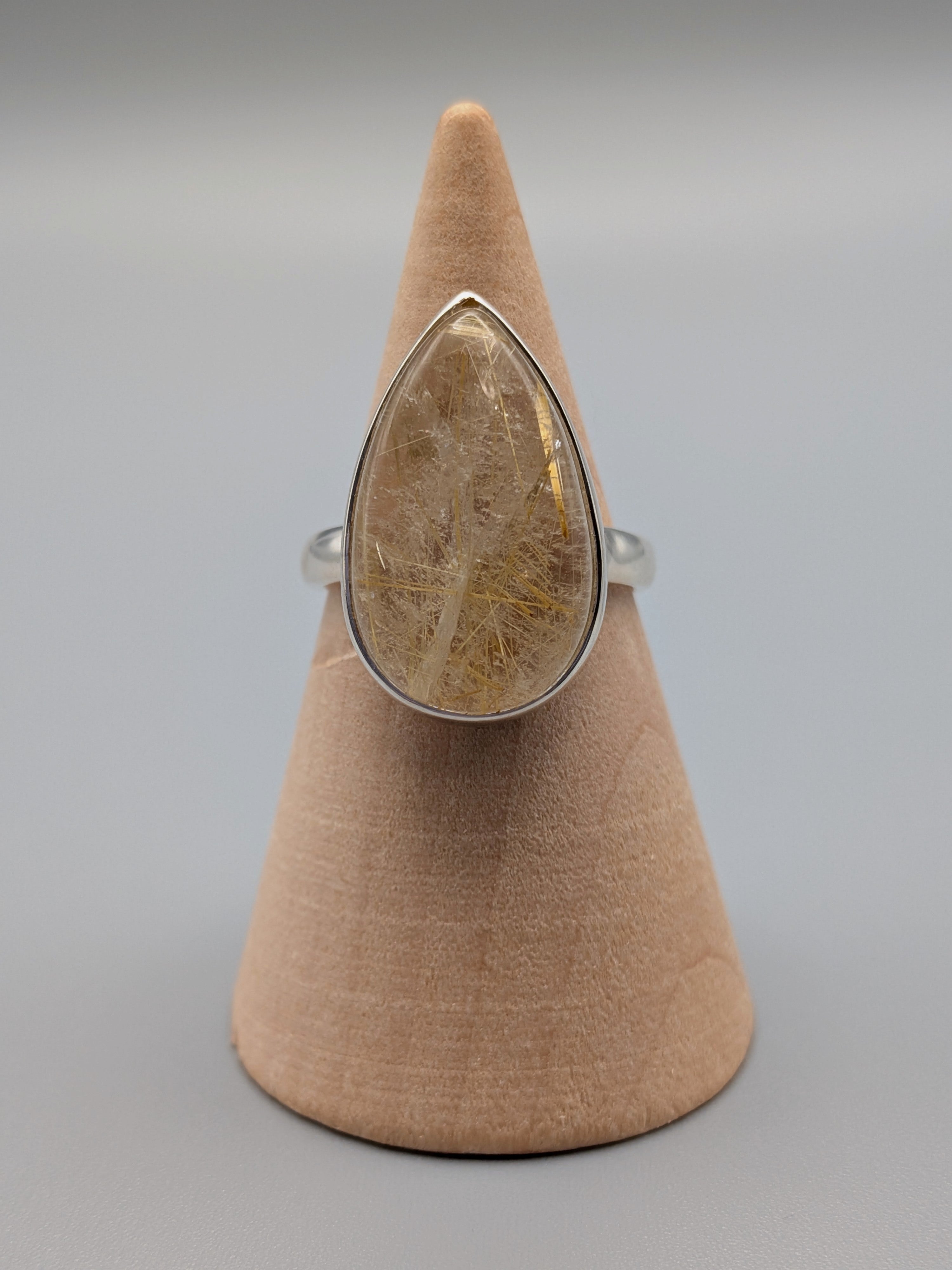 •RUTILATED QUARTZ - TEARDROP• simple bezel silver ring (size 7)