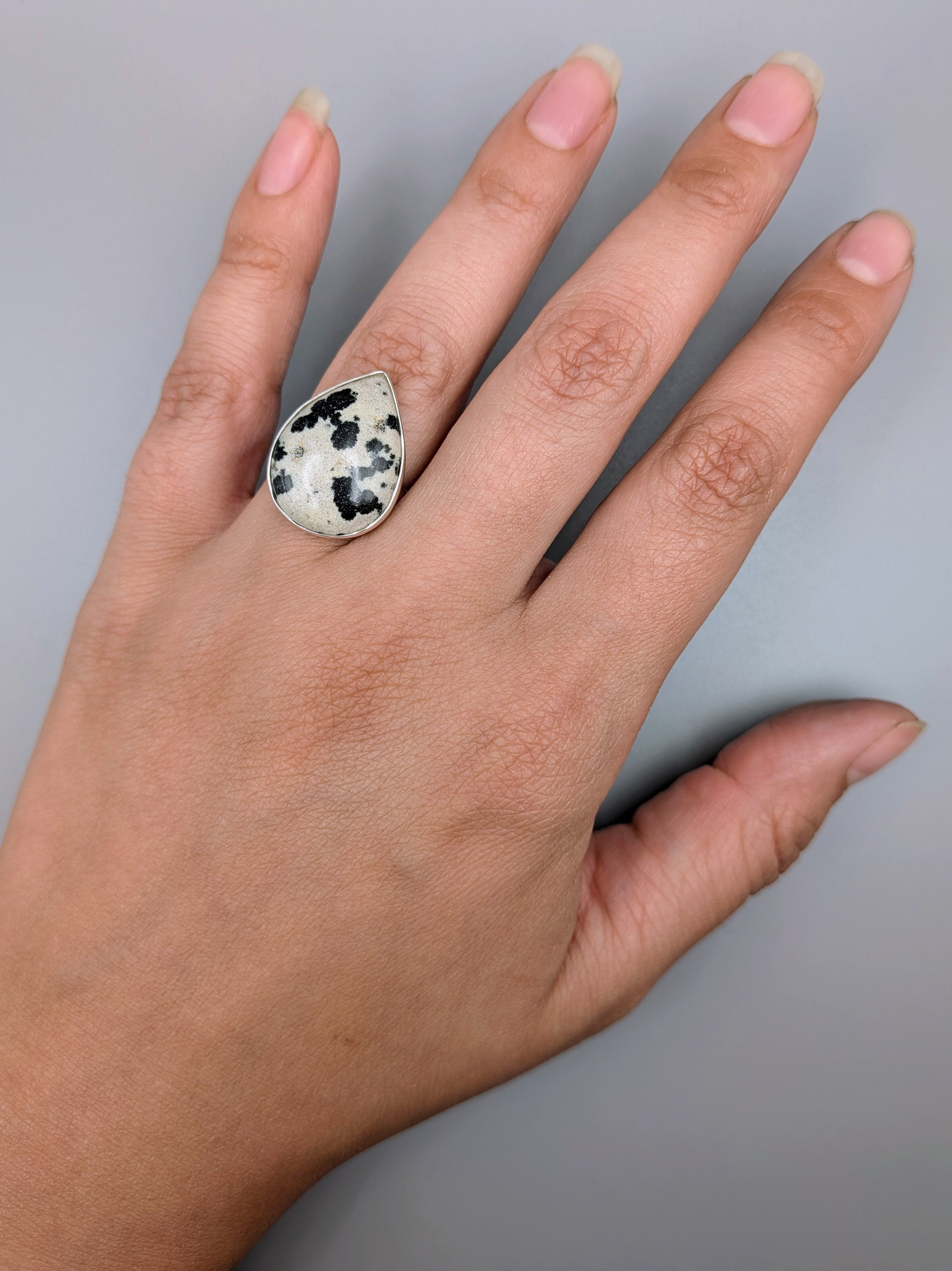 •DALMATIAN JASPER - TEAR• simple bezel silver ring (size 7)
