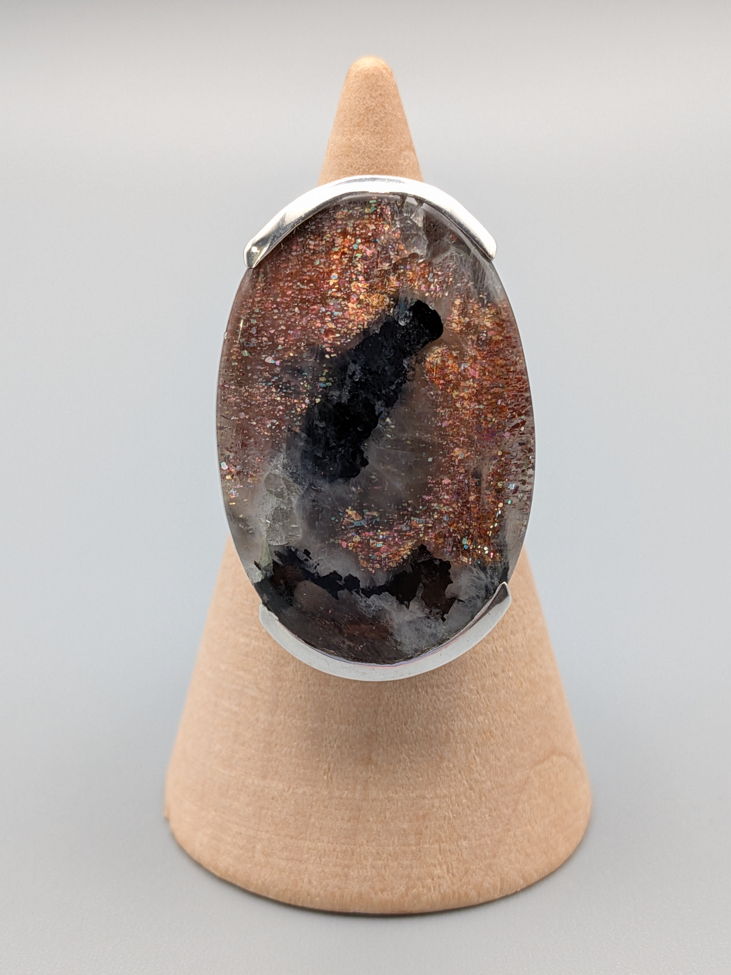 •BLACK SUNSTONE - OVAL• bezel capped silver ring (size 9)