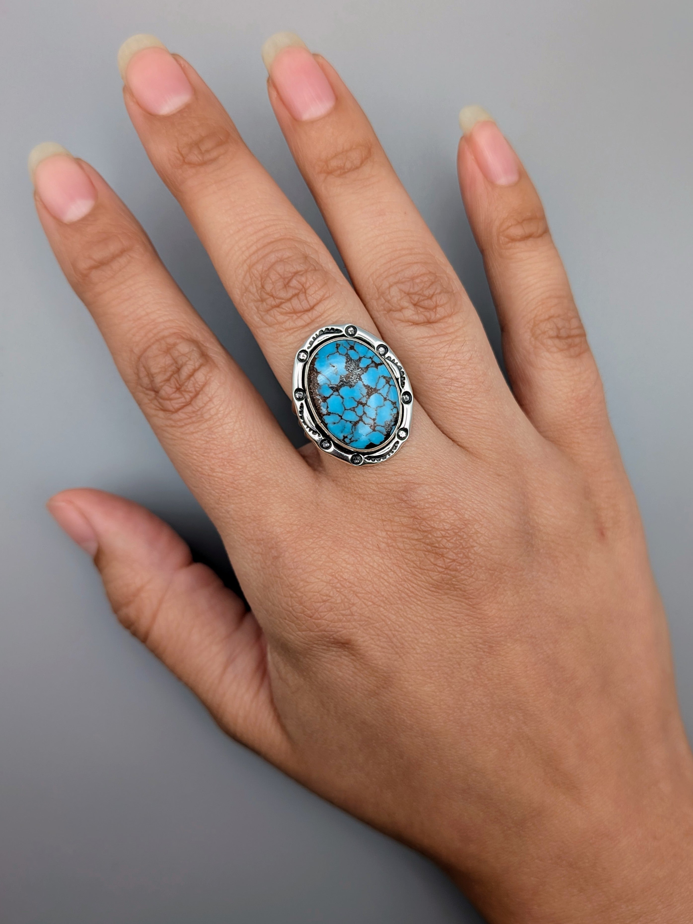 •EGYPTIAN TURQUOISE - SHÁ• Navajo silver ring (size 8)