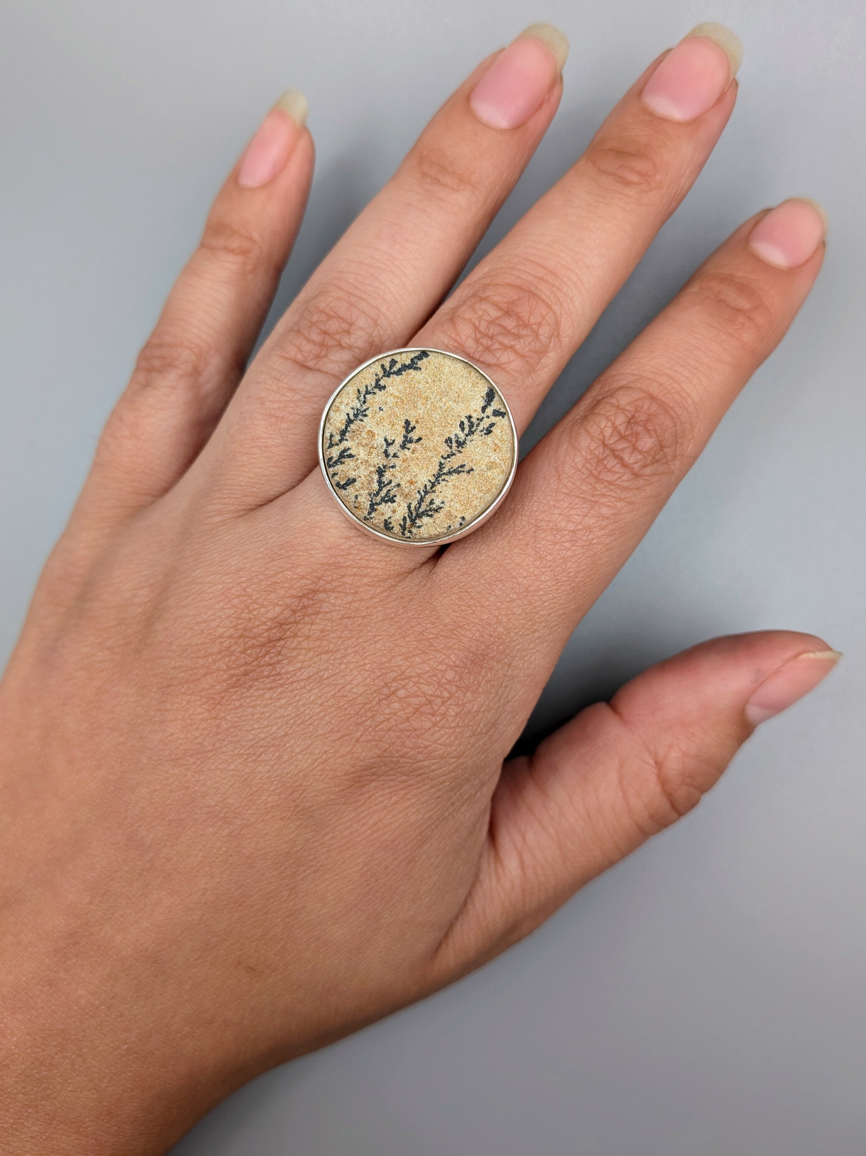 •DENDRITIC SANDSTONE - ROUND• simple bezel silver ring (size 6.75)
