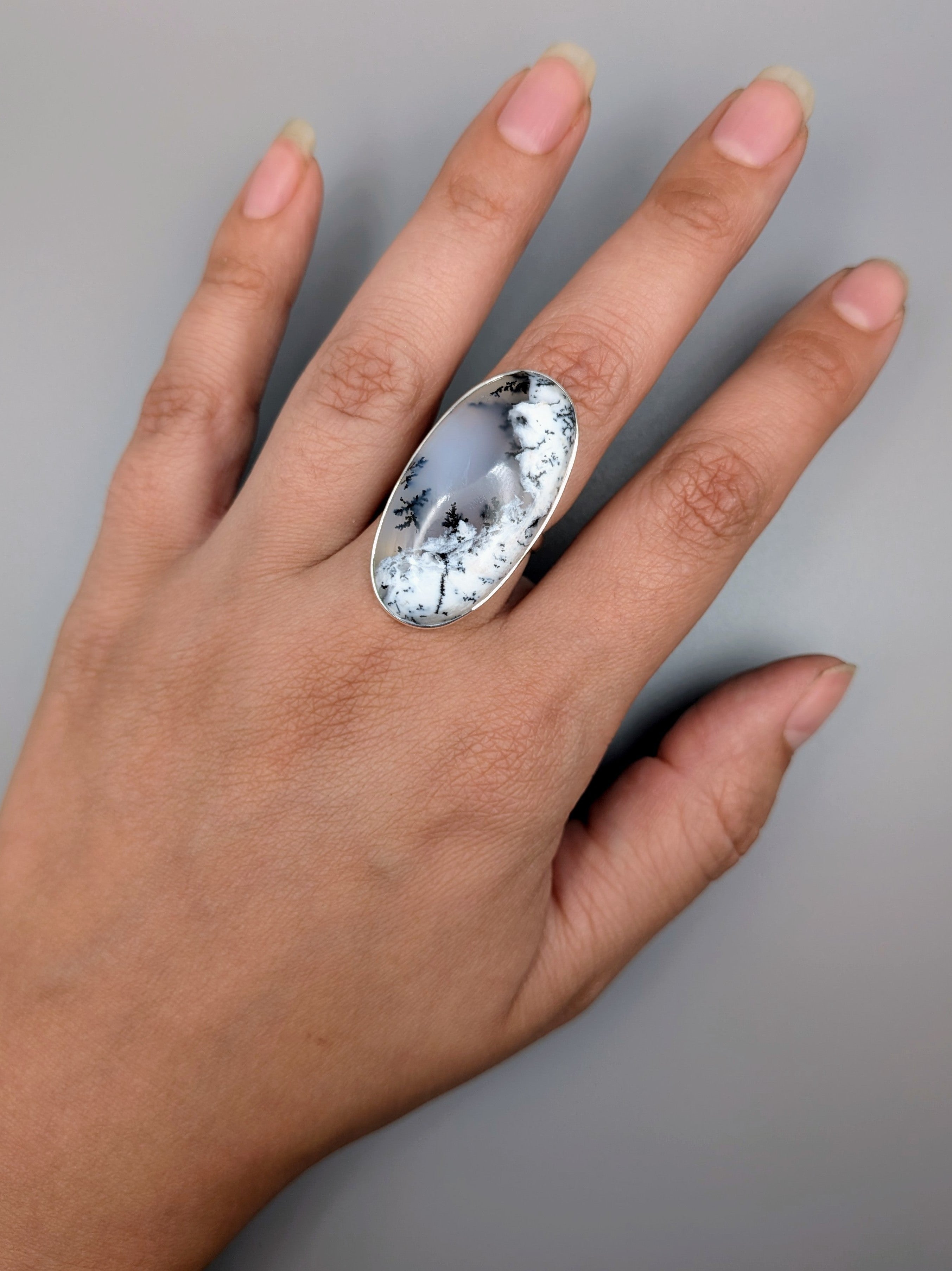•DENDRITIC OPAL - OVAL• simple bezel silver ring (size 7.5)