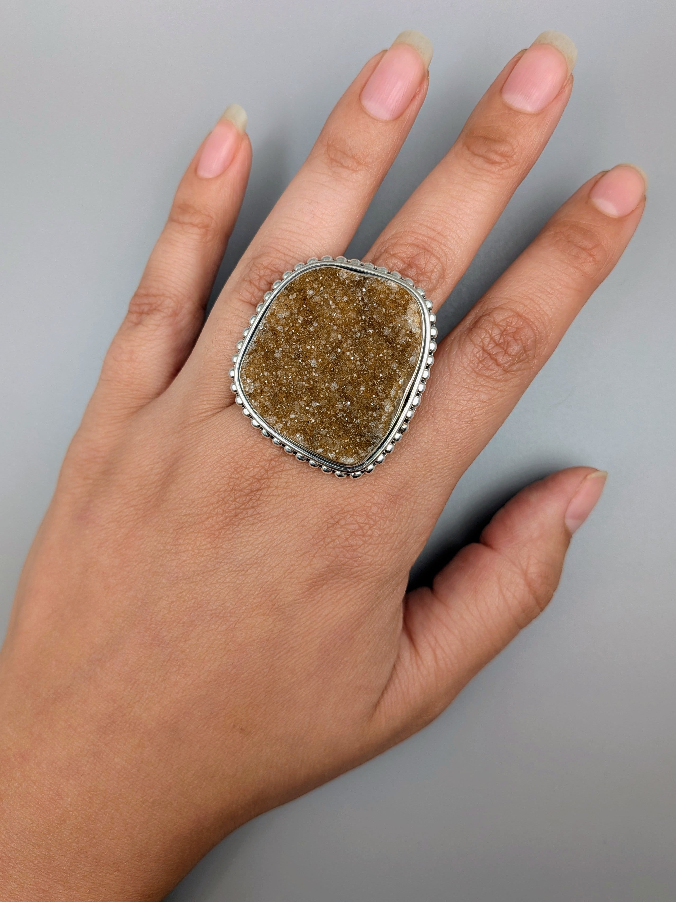 •COBALTO CALCITE DRUZY - FREEFORM• dotted bezel silver ring (size 9)