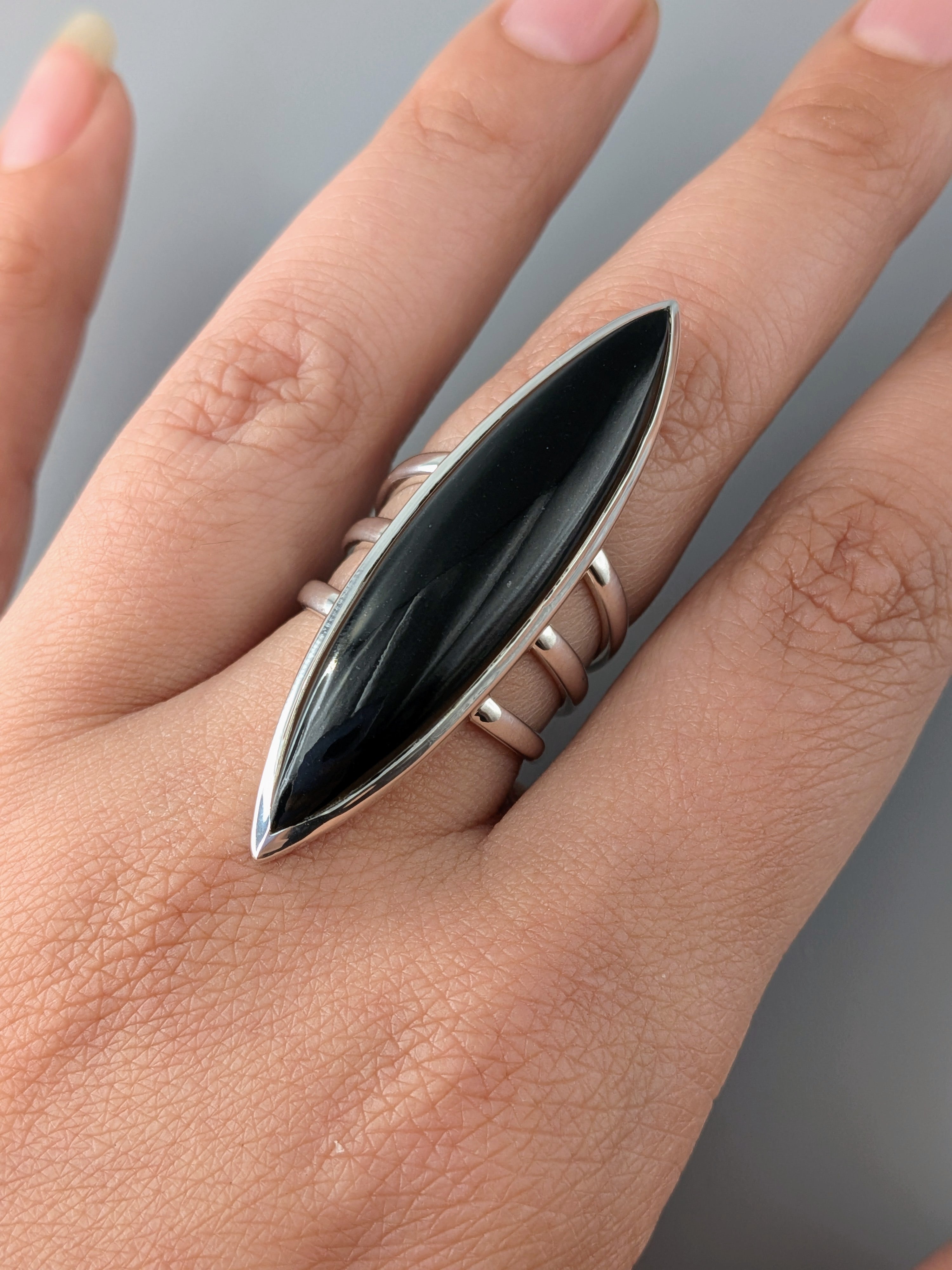 •BLACK ONYX - DEEP MARQUISE• split band silver ring (various sizes)