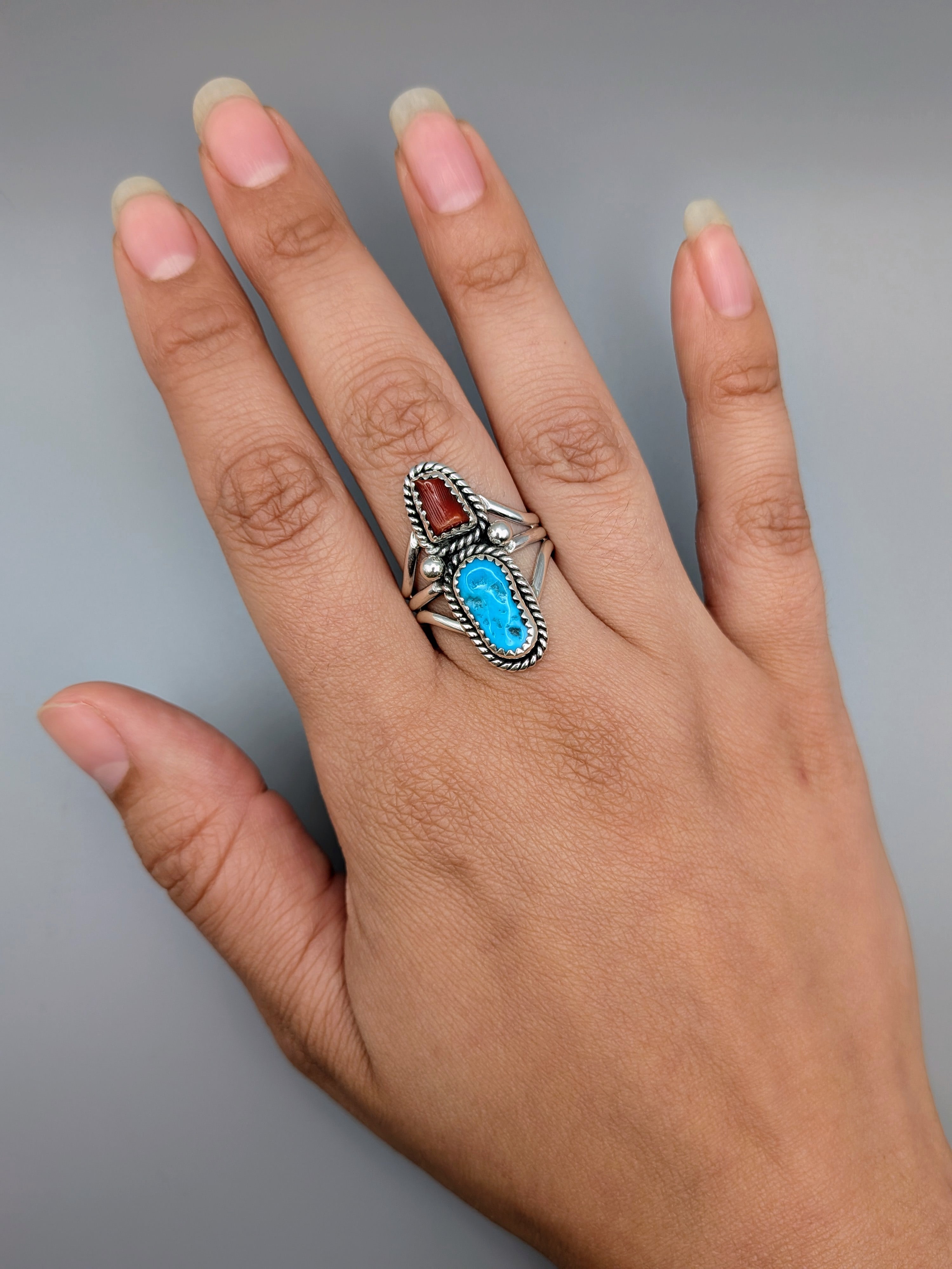 •KINGMAN TURQUOISE & CORAL - NAAKI• Navajo silver ring (size 9.25)