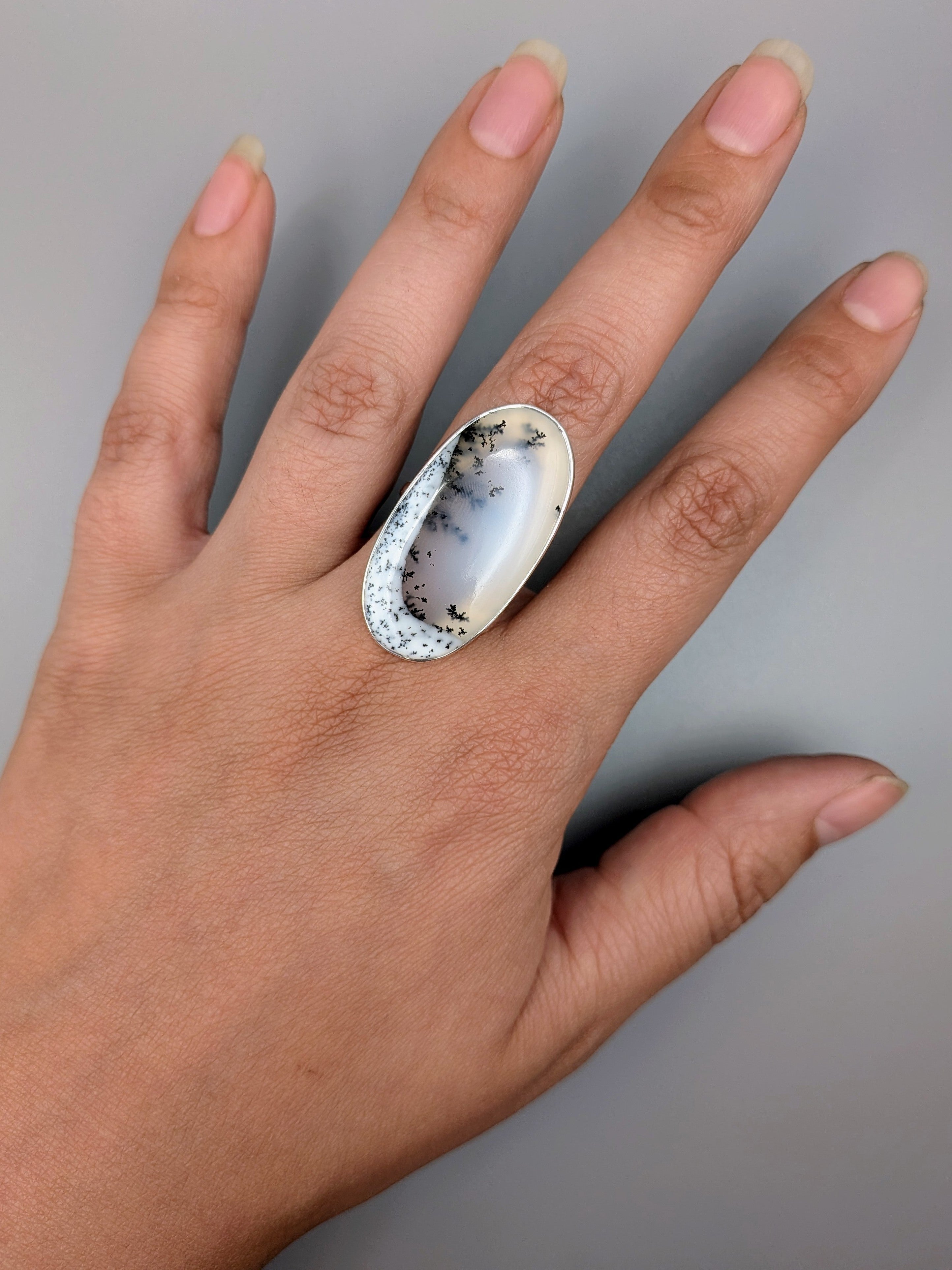•DENDRITIC OPAL - OVAL• simple bezel silver ring (size 9)