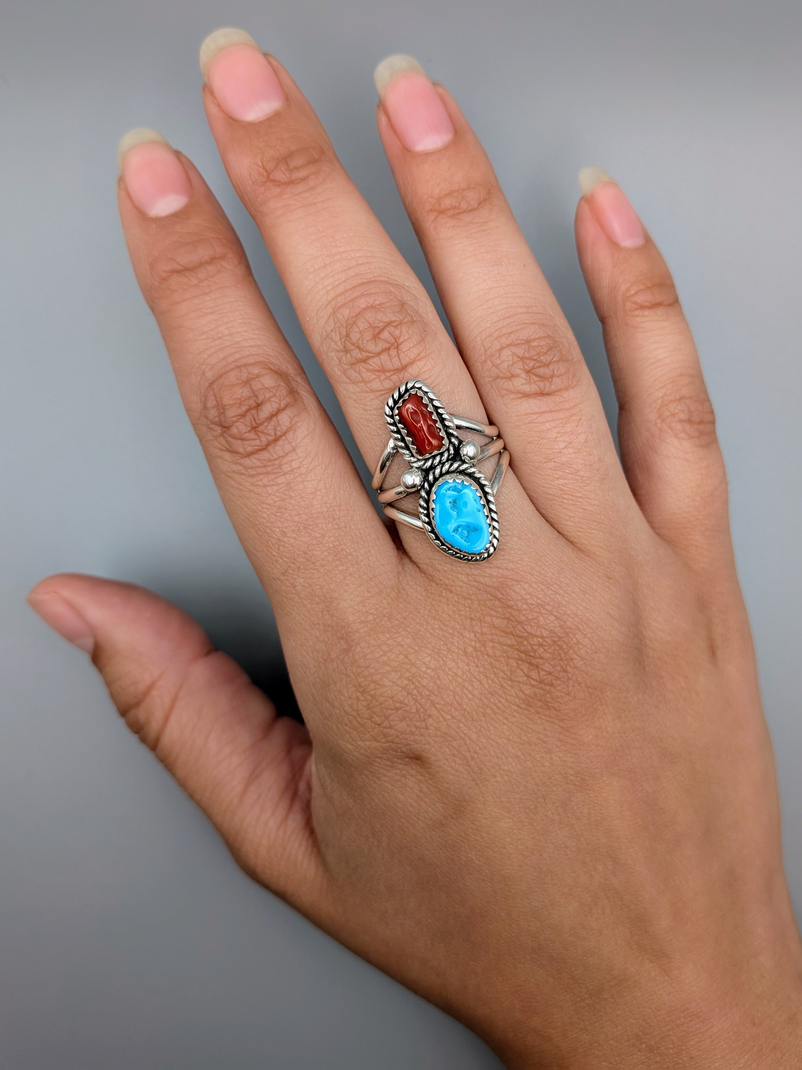•KINGMAN TURQUOISE & CORAL - NAAKI• Navajo silver ring (size 8.25)