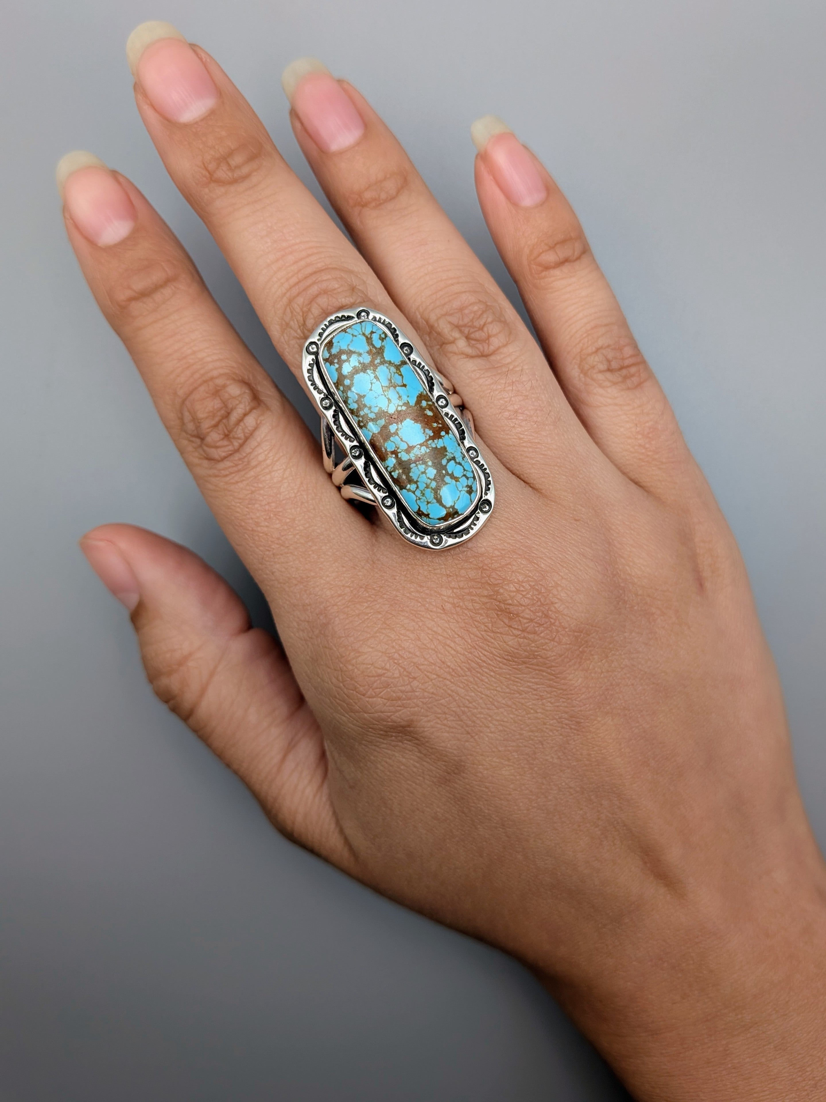 •#8 TURQUOISE - SHÁ• Navajo silver ring (size 11)