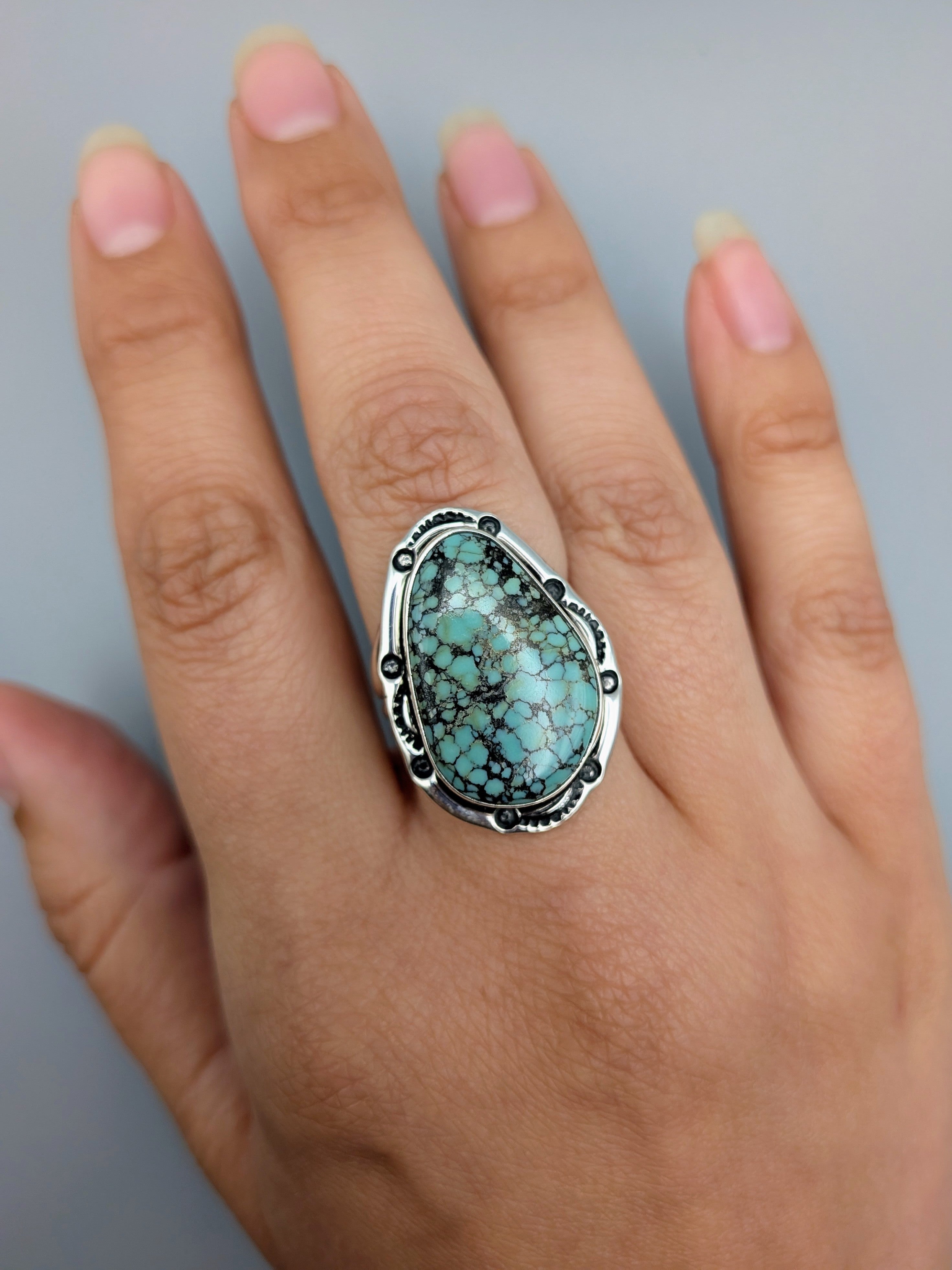 •CHINESE TURQUOISE - SHÁ• Navajo silver ring (size 8.5)