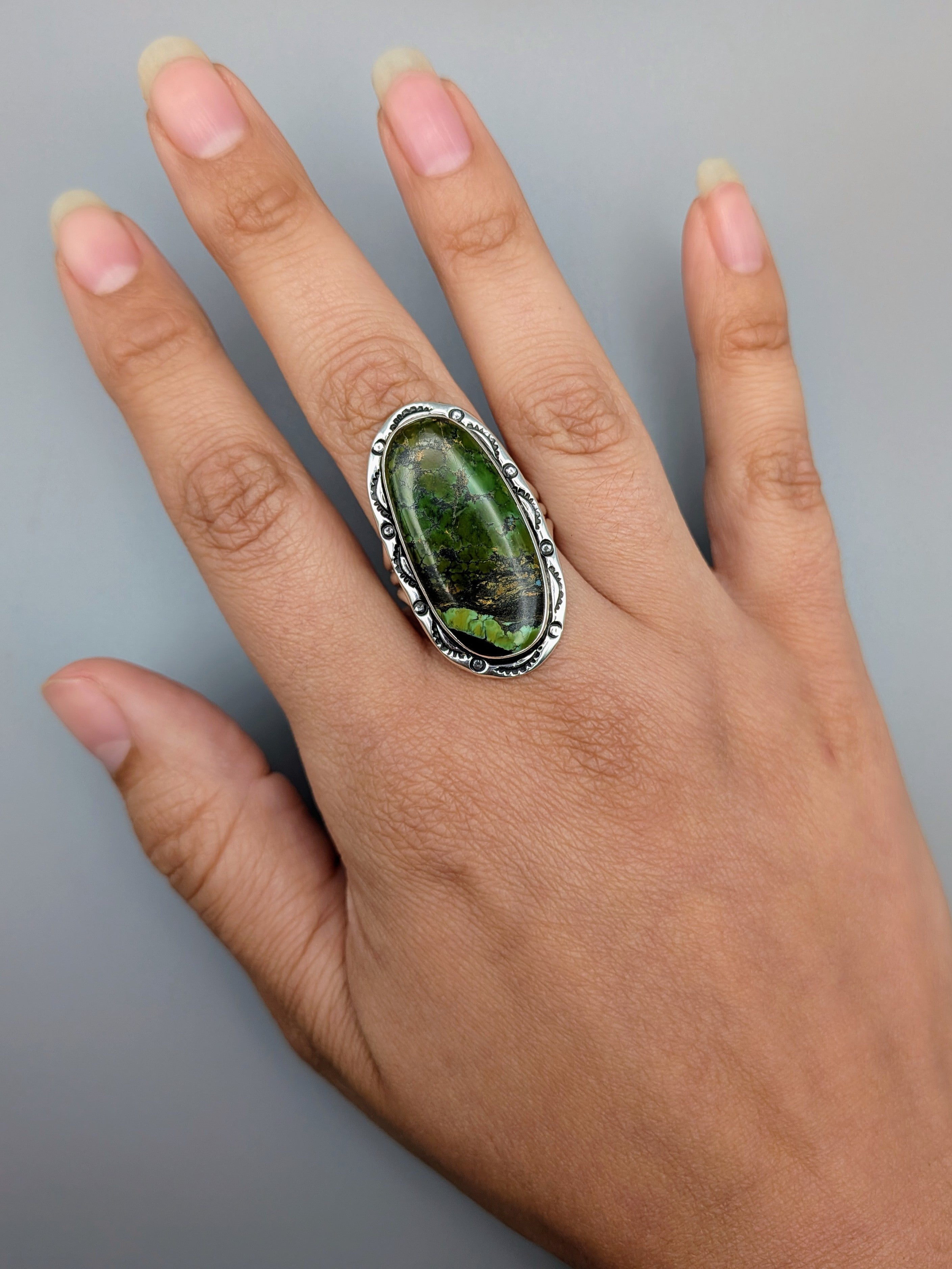 •BLACKJACK TURQUOISE - SHÁ• Navajo silver ring (size 10.25)