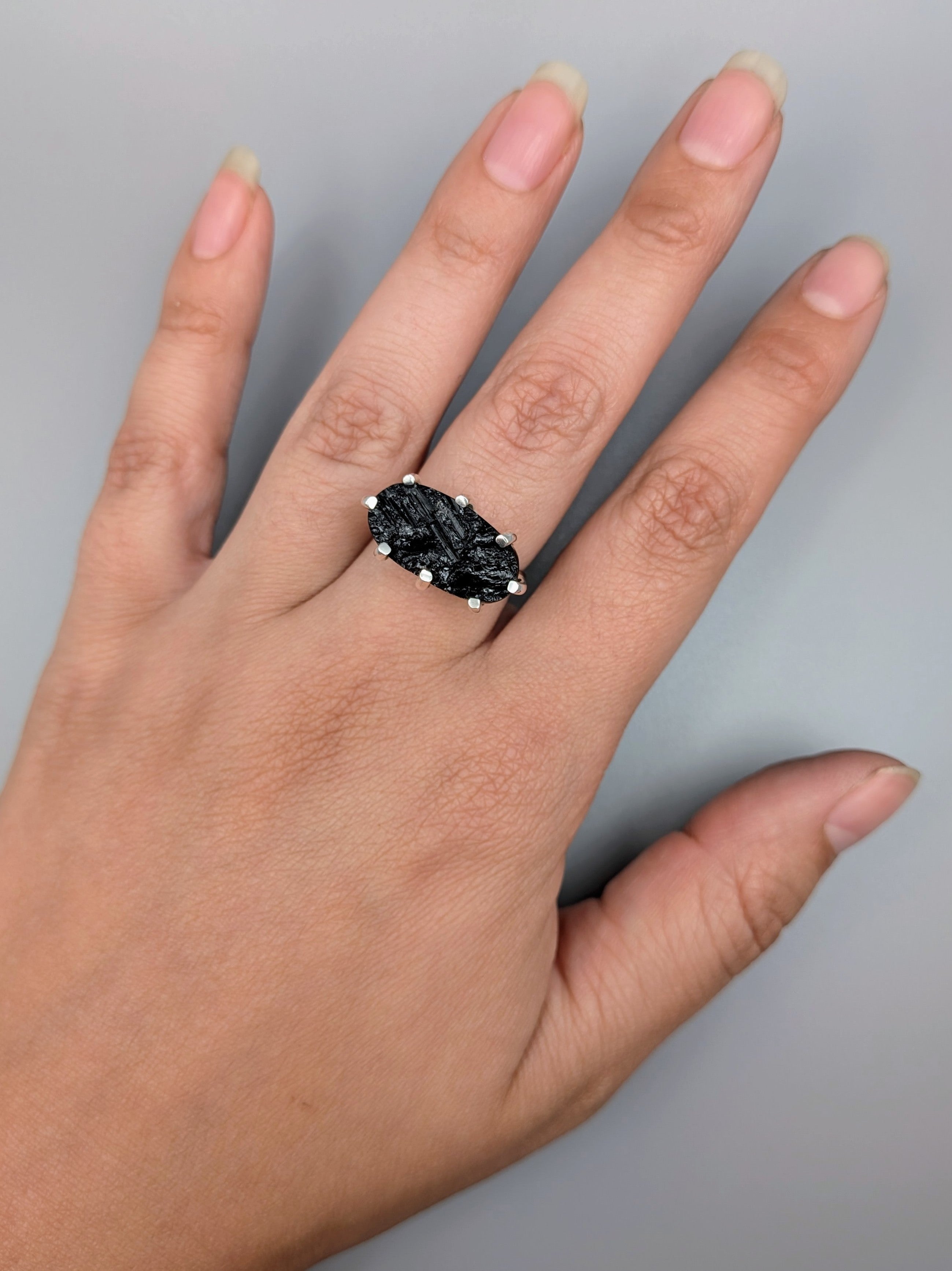 •BLACK TOURMALINE - BATTLESHIP• prong set silver ring (size 8)
