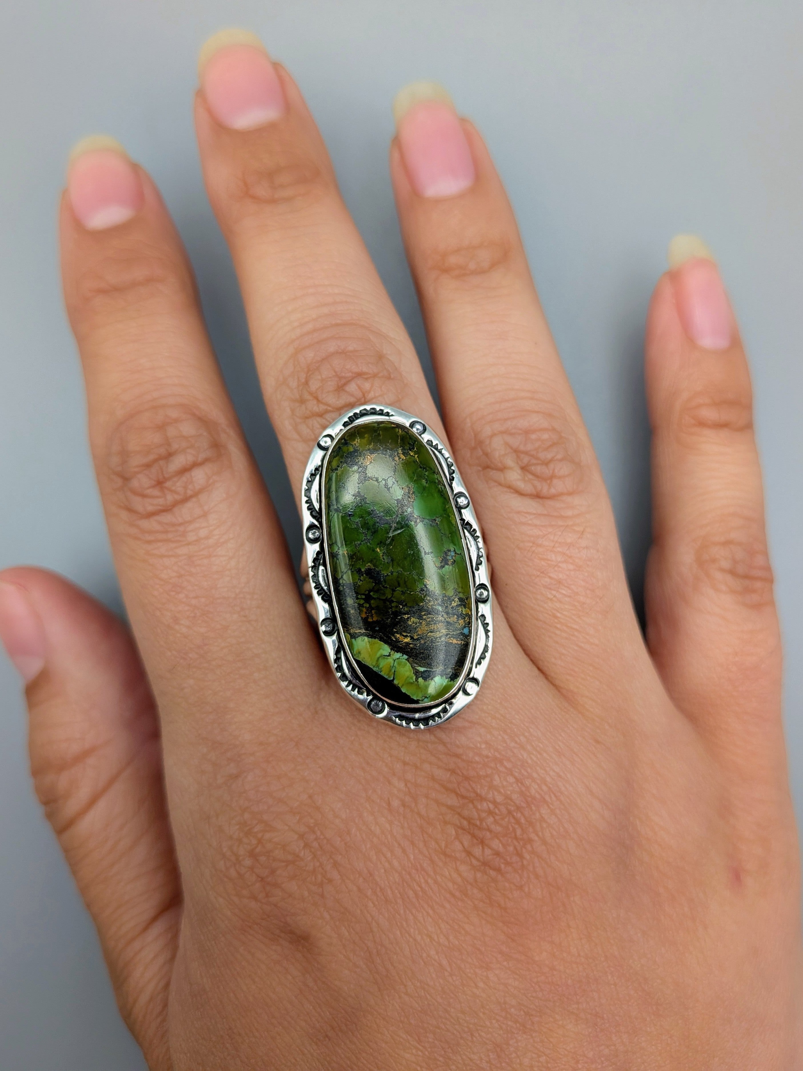•BLACKJACK TURQUOISE - SHÁ• Navajo silver ring (size 10.25)