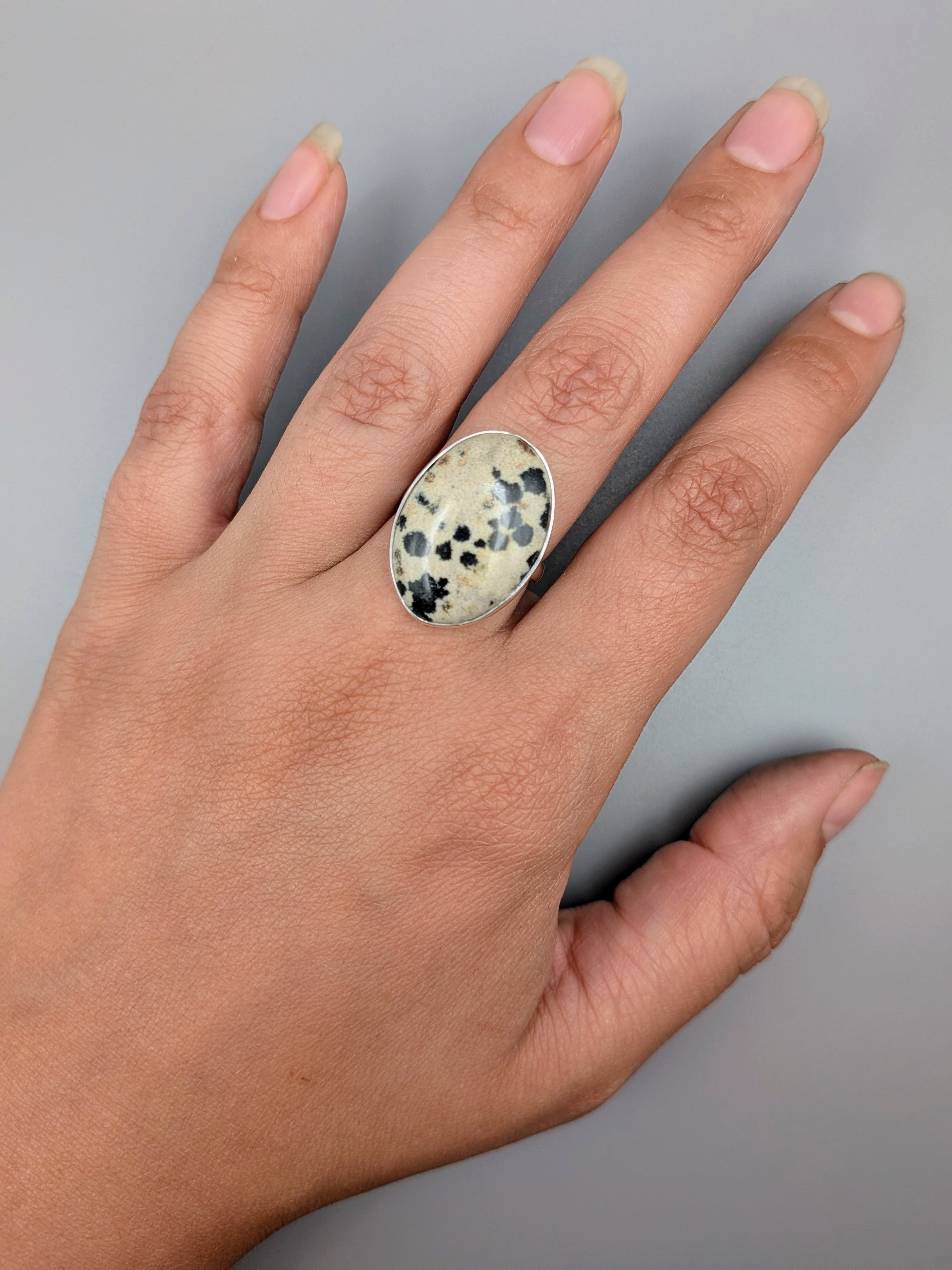 •DALMATIAN JASPER - OVAL• simple bezel silver ring (size 9)