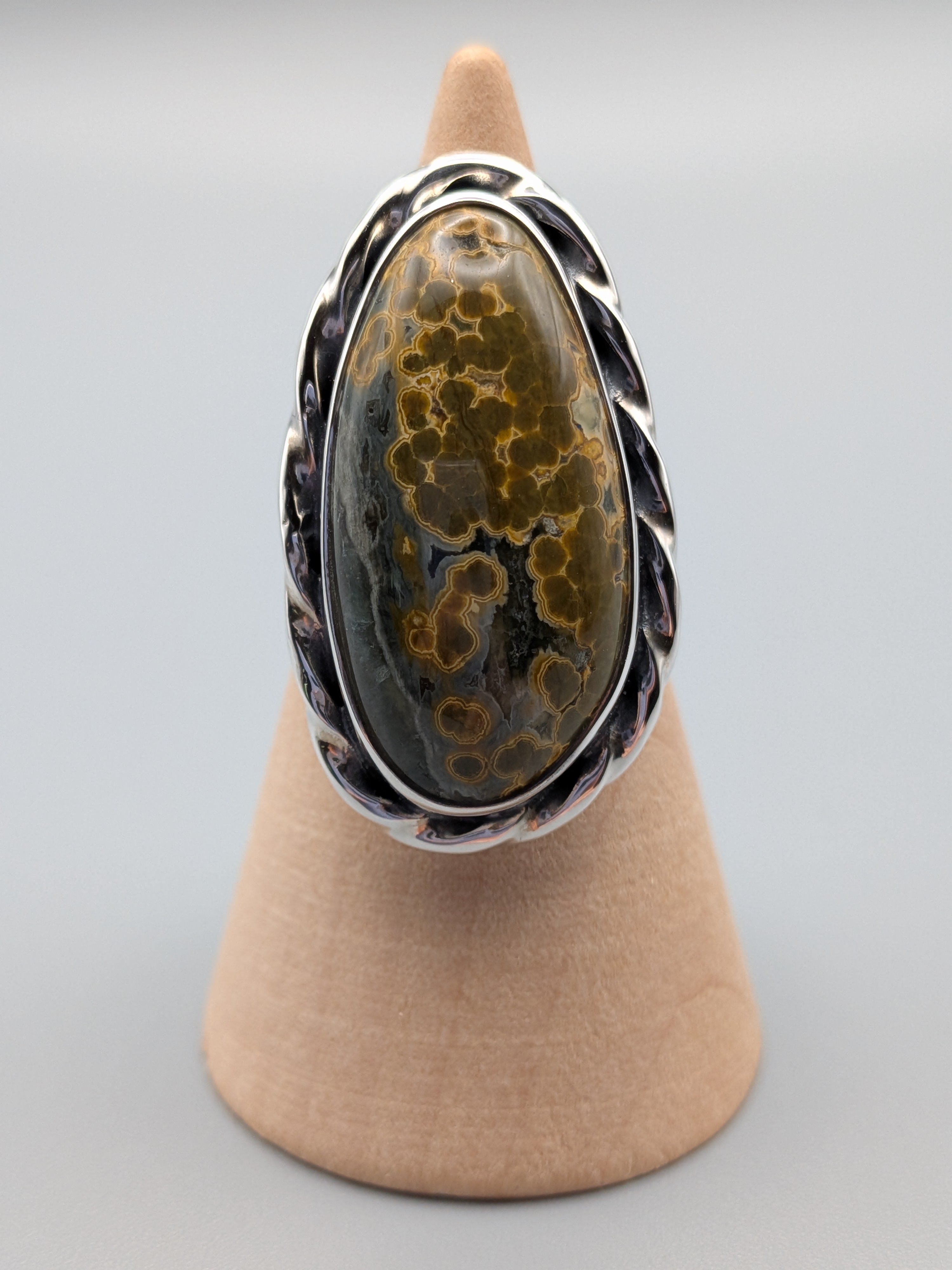 •OCEAN JASPER - OVAL• twist bezel silver ring (size 6.75)