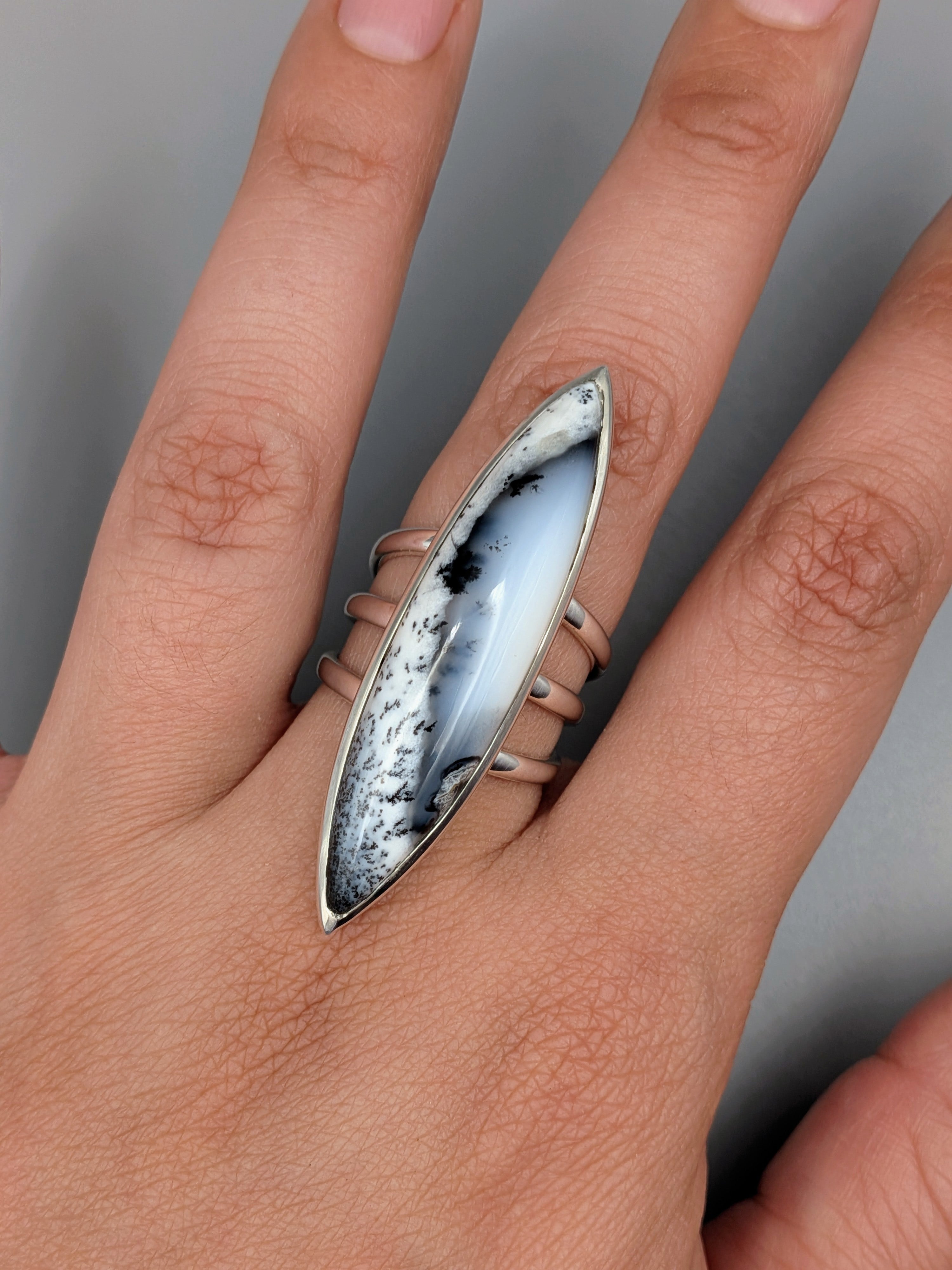 •DENDRITIC OPAL - DEEP MARQUISE• split band silver ring (size 9)