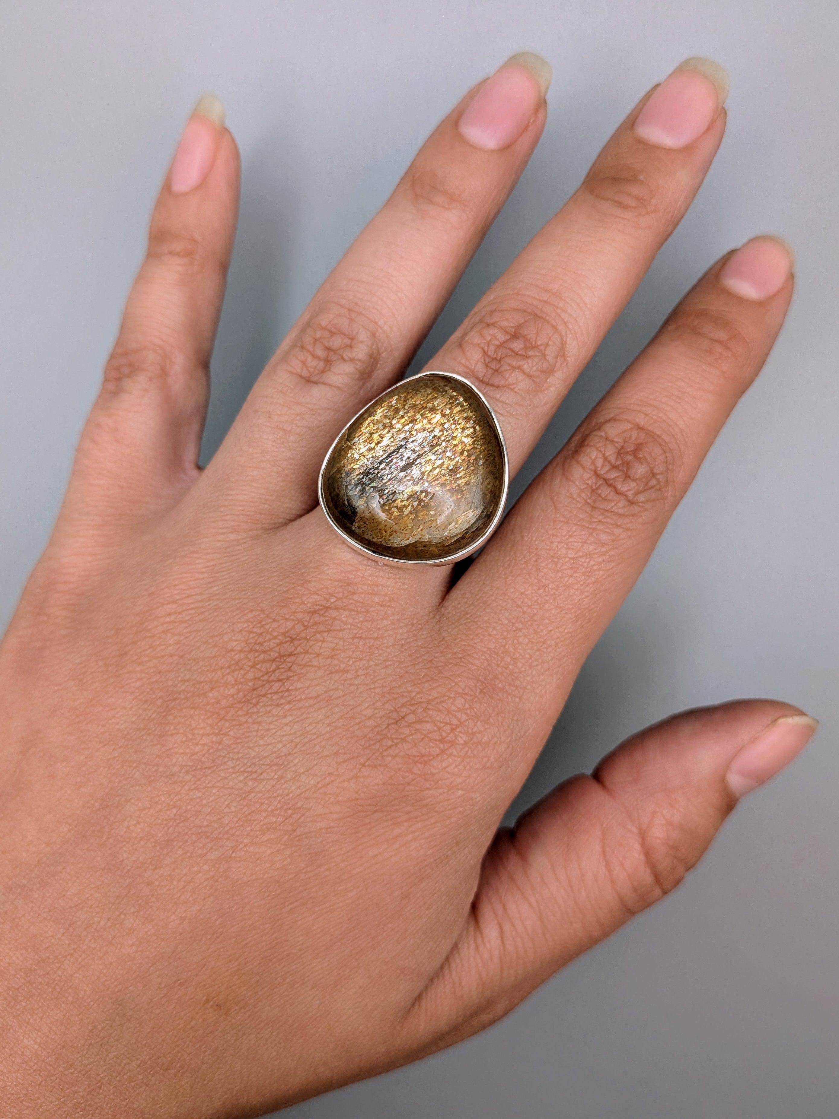 •SUN/MOONSTONE - FREEFORM• split band silver ring (size 9.25)