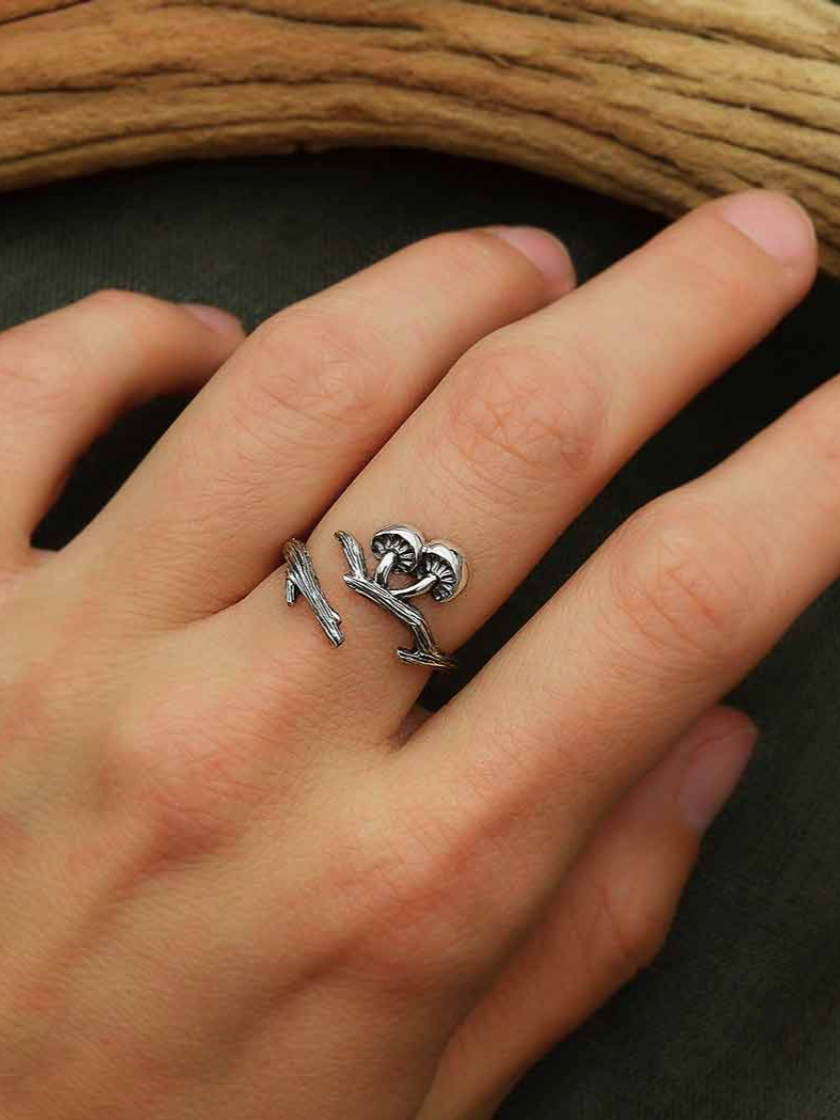 •SHIITAKE MUSHROOM BRANCH• adjustable recycled silver ring