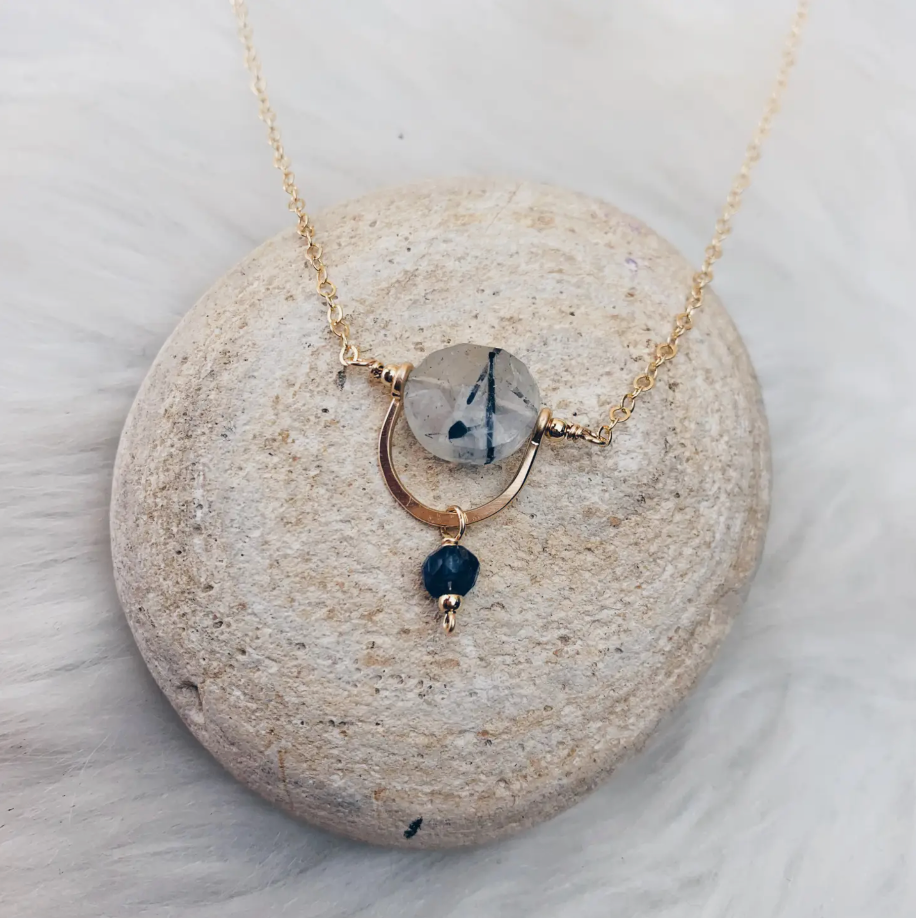 •PENDULUM• tourmalinated quartz + iolite + gold necklace