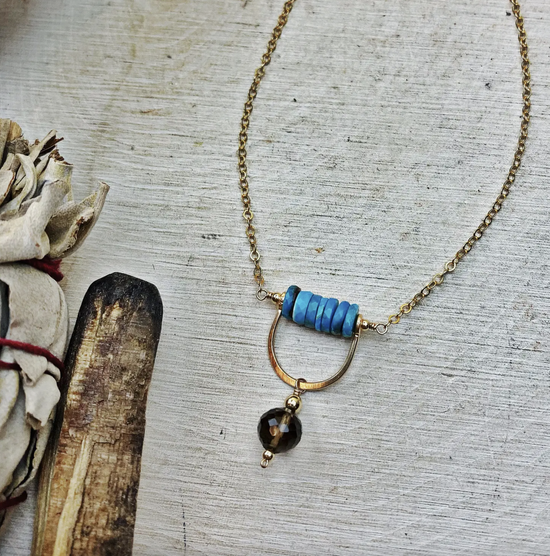 •PENDULUM• turquoise + smoky quartz + gold necklace