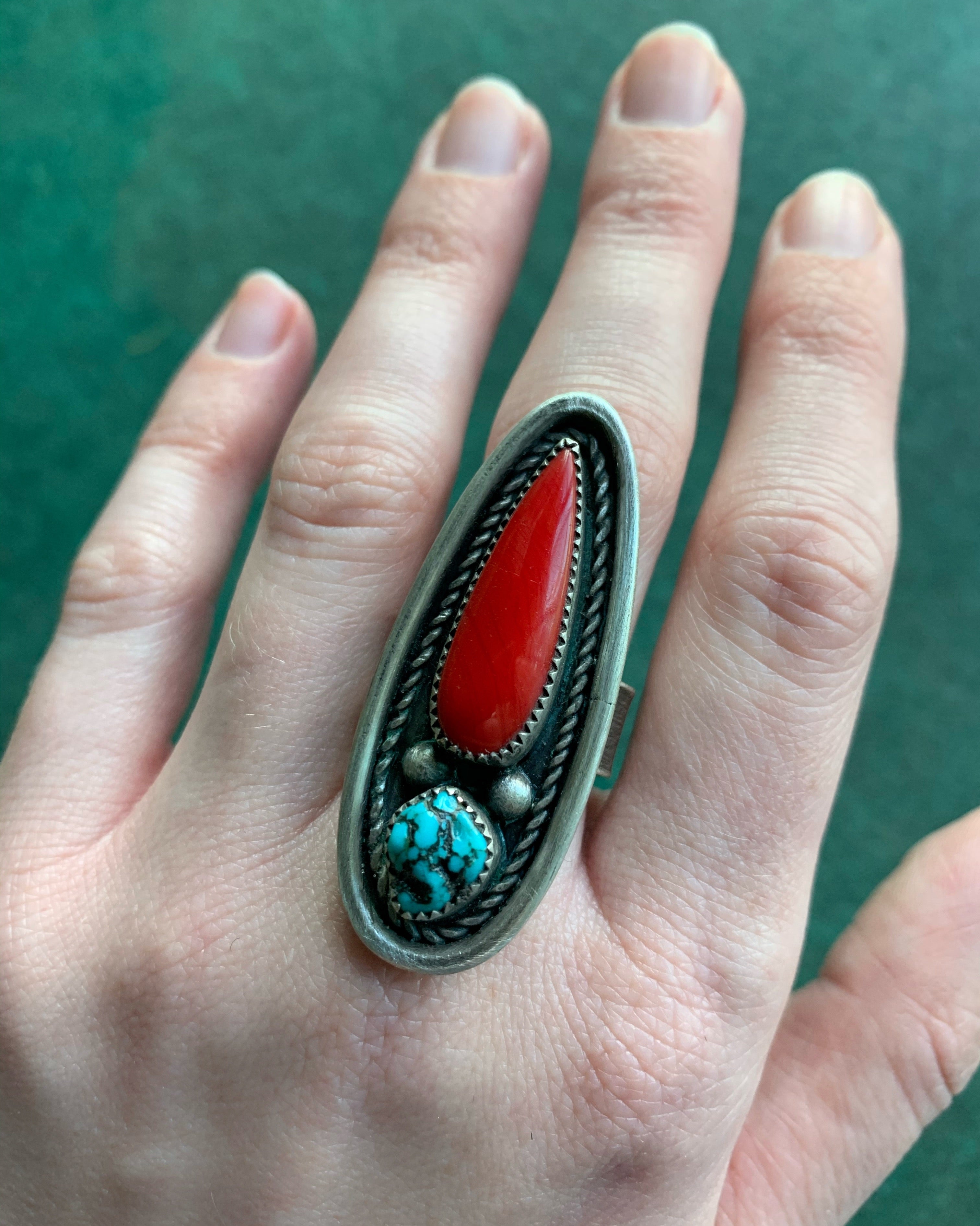 • SCARLET • coral, turquoise + silver ring