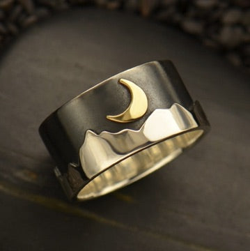 •MOON OVER MOUNTAINS• silver & bronze wide band ring