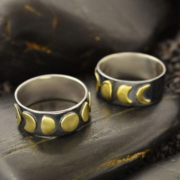 •MOON PHASES• silver & bronze wide band ring