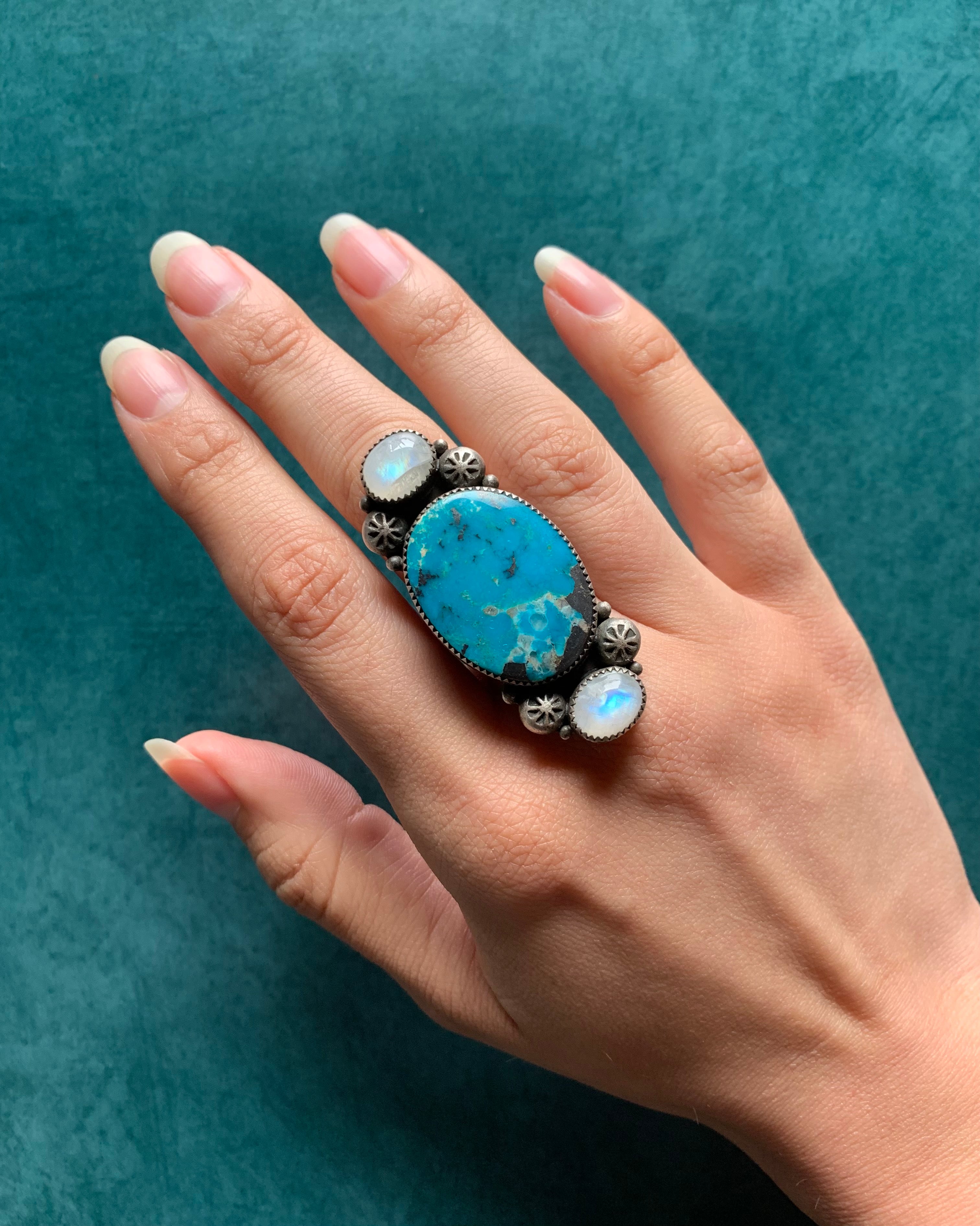 • GRAVITATIONAL • turquoise, rainbow moonstone + silver ring