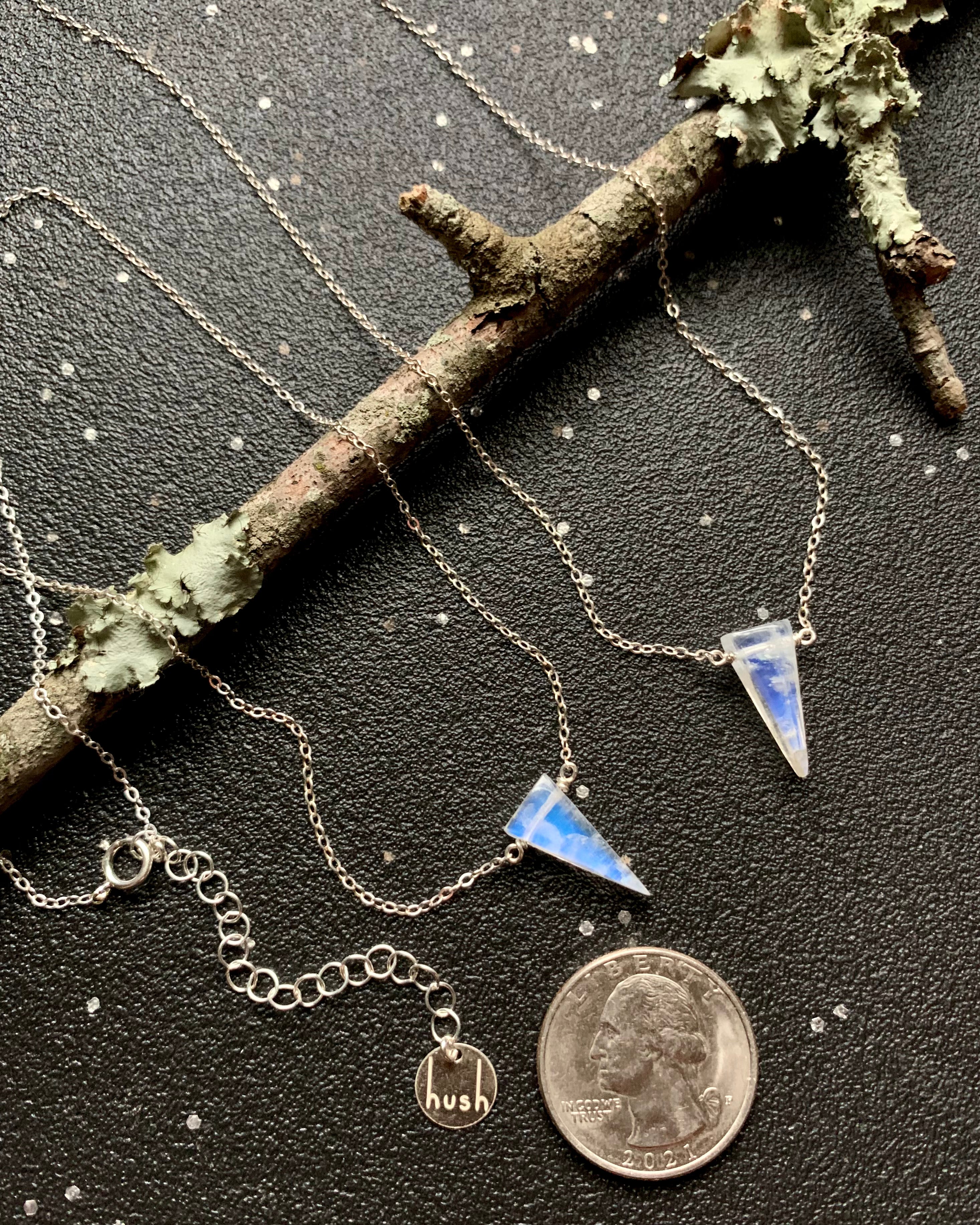 • STRAY • small rainbow moonstone fang + silver necklace